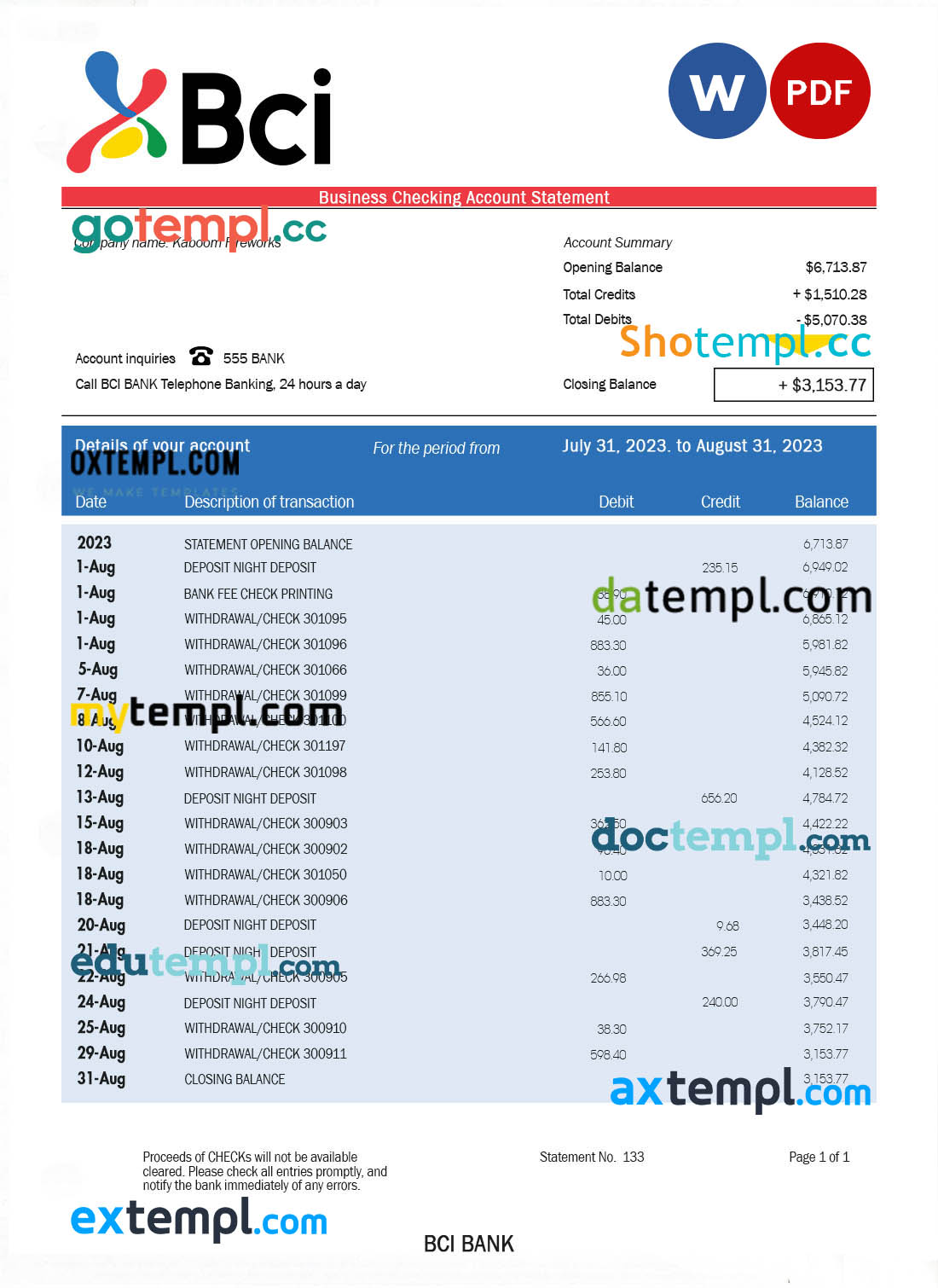 editable template, Bci Bank company account statement Word and PDF template