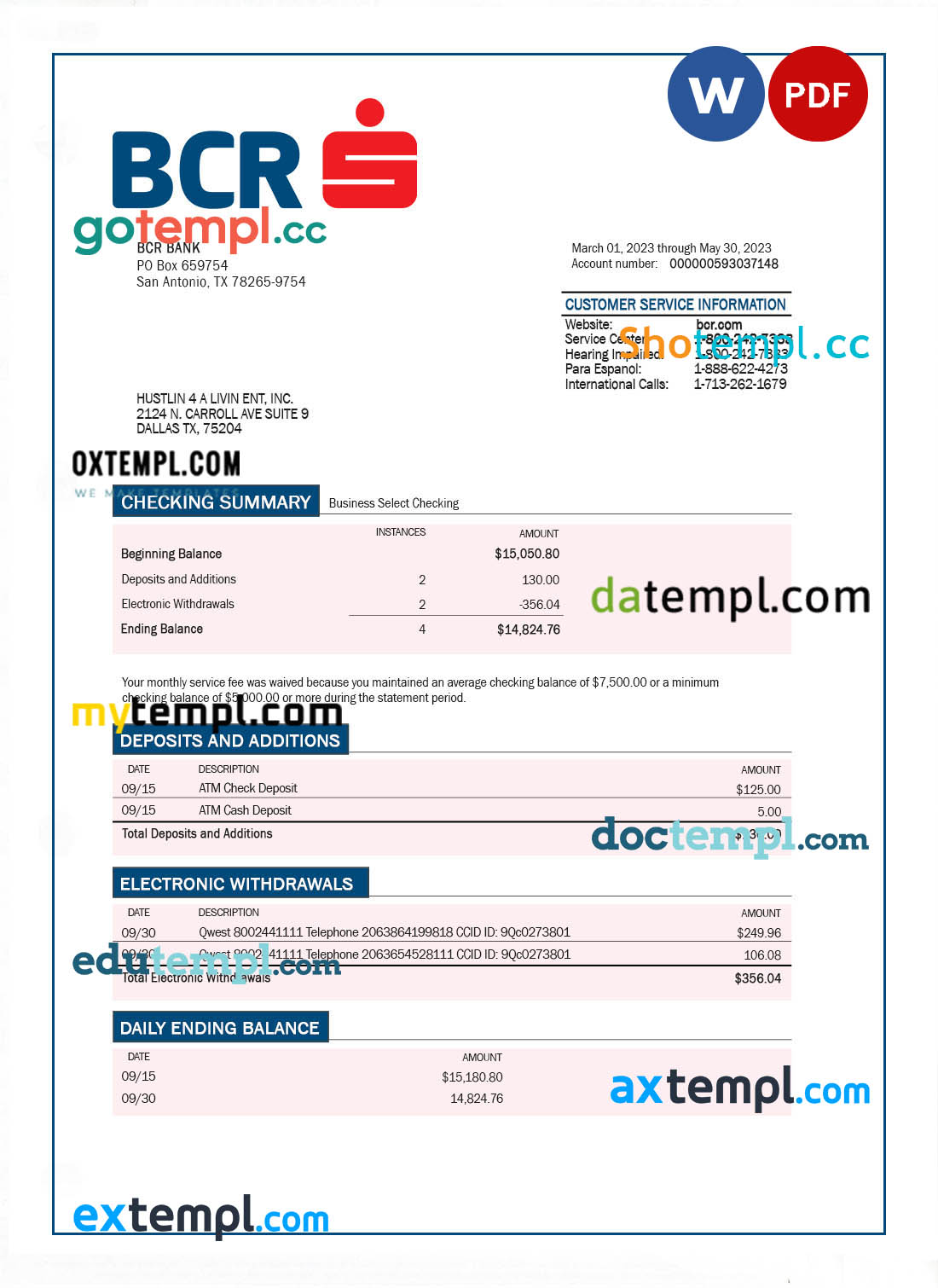 plantilla editable, Bcr Bank company checking account statement Word y PDF plantilla