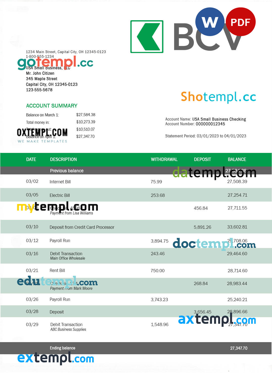 editable template, Bcv Bank company account statement Word and PDF template