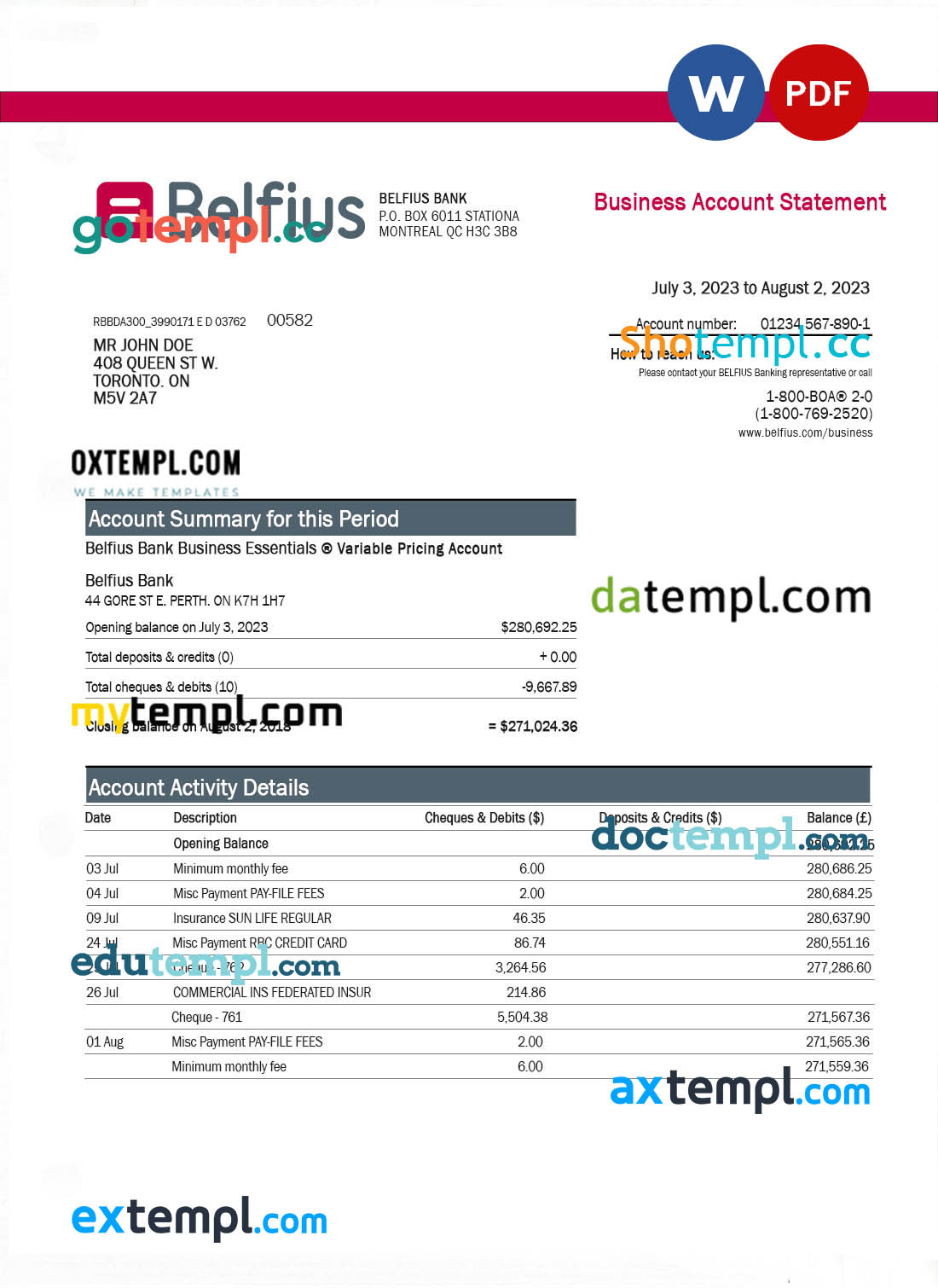 editable template, BELFIUS Bank enterprise statement Word and PDF template
