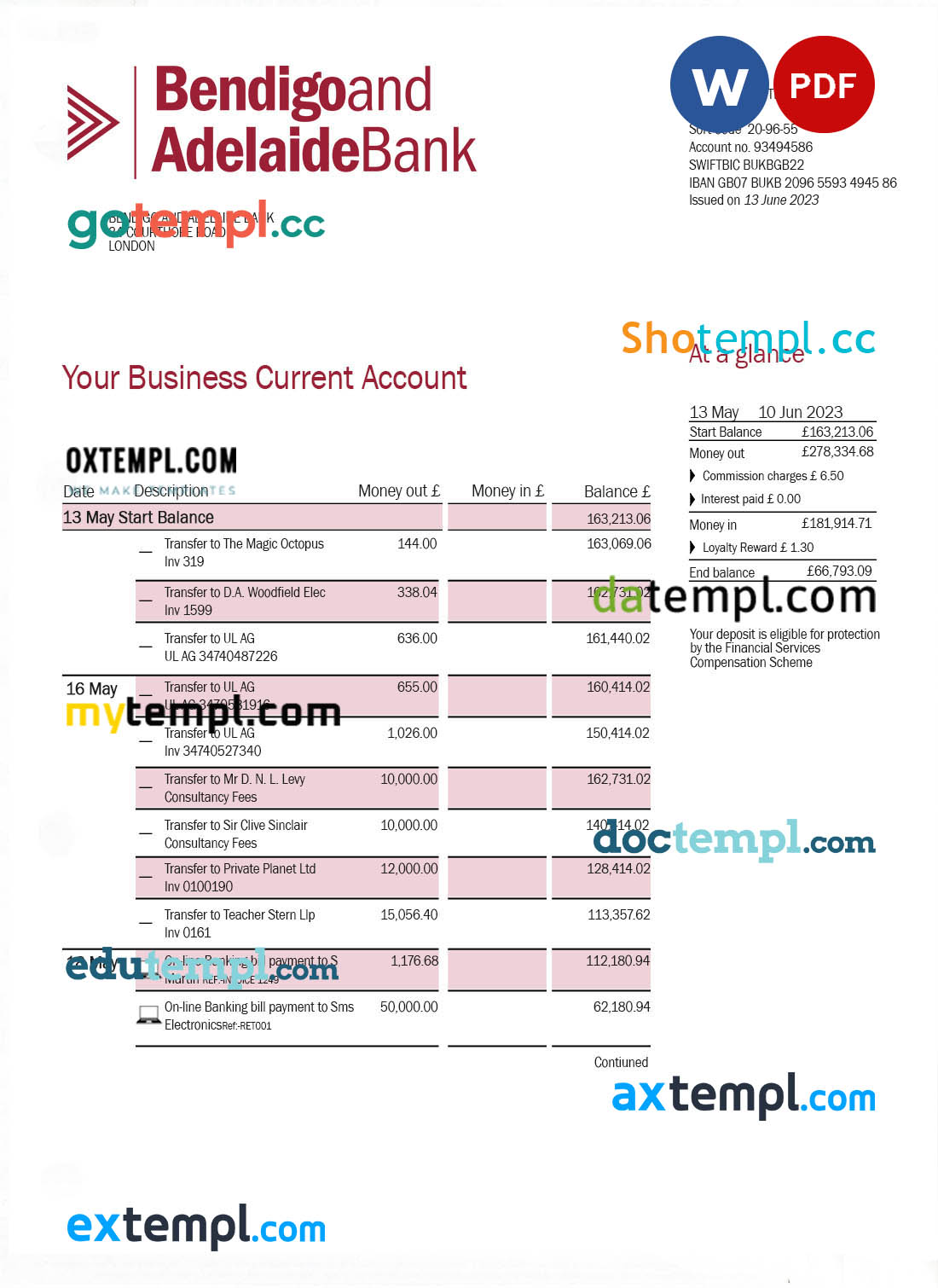 editable template, Bendigo and Adelaide Bank company account statement Word and PDF template