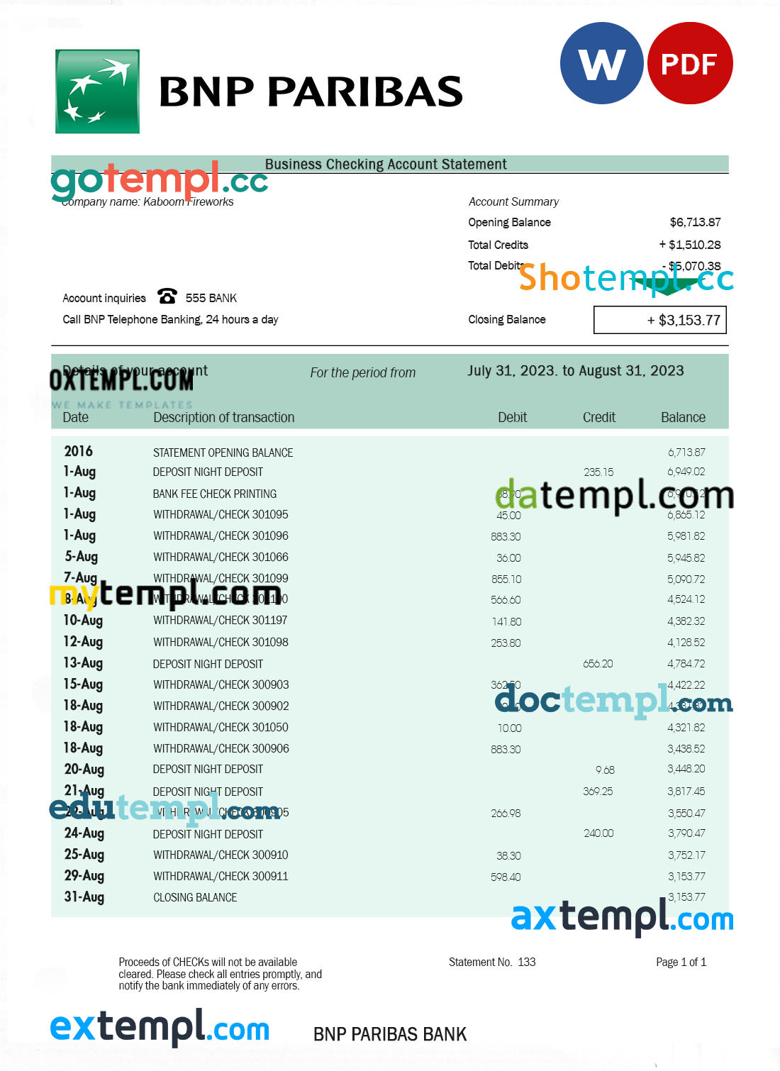 editable template, BANK BNP Paribas company statement Word and PDF template