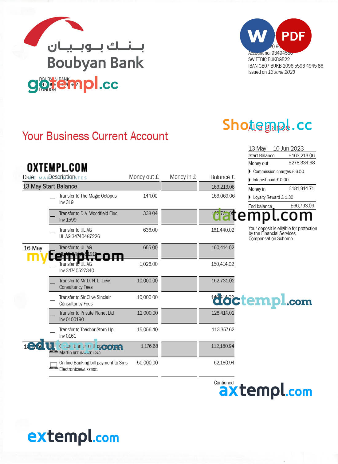 editable template, Boubyan Bank enterprise account statement Word and PDF template