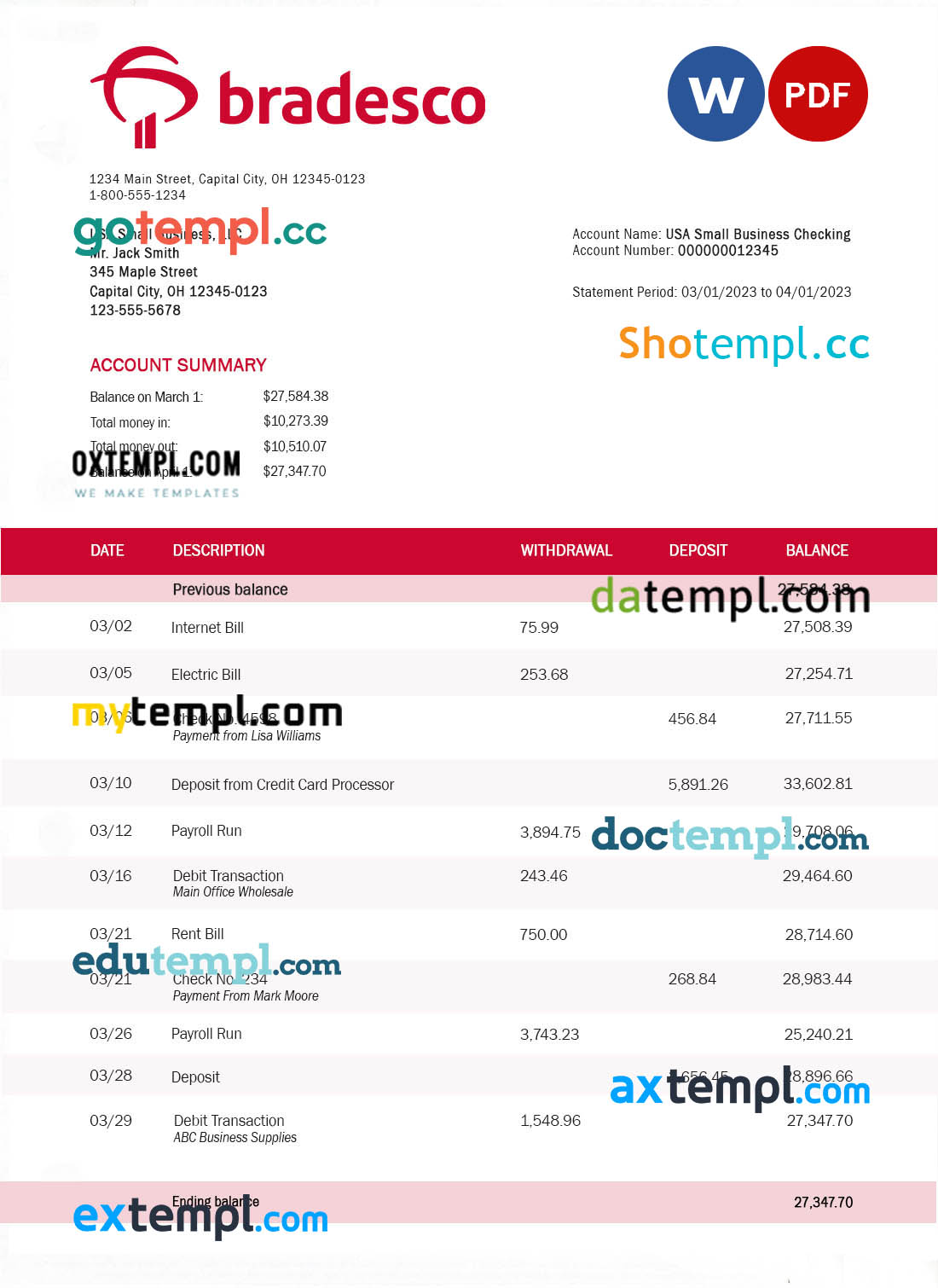 editable template, BRADESCO Bank corporate account statement Word and PDF template