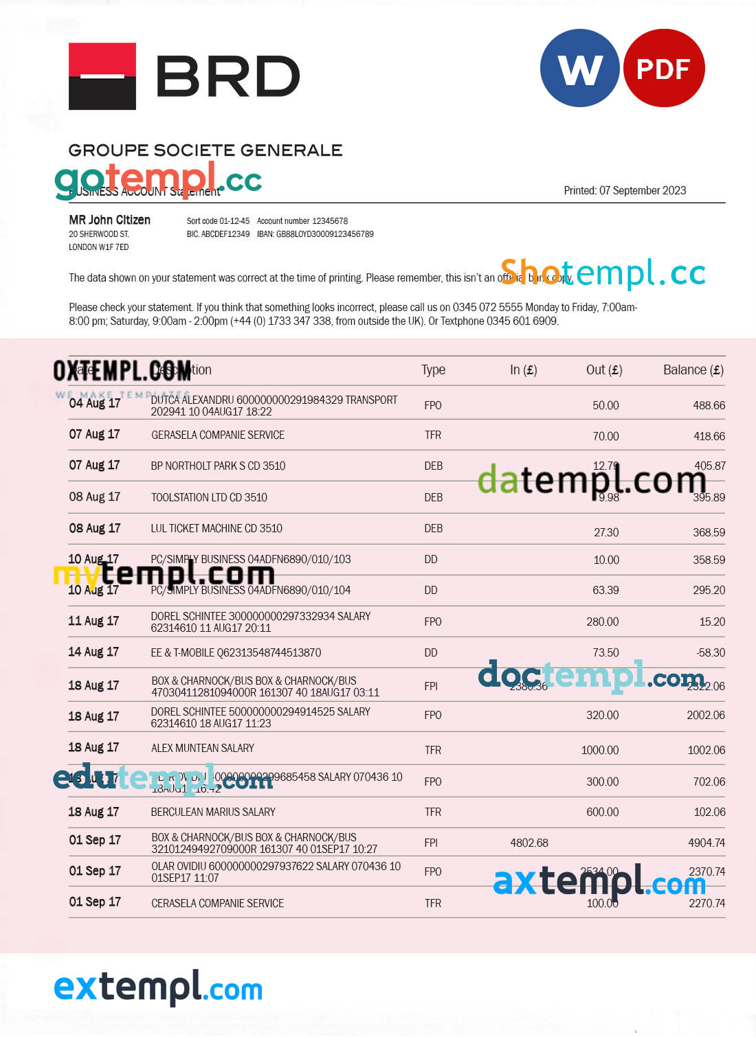 editable template, Brd Bank organization account statement Word and PDF template
