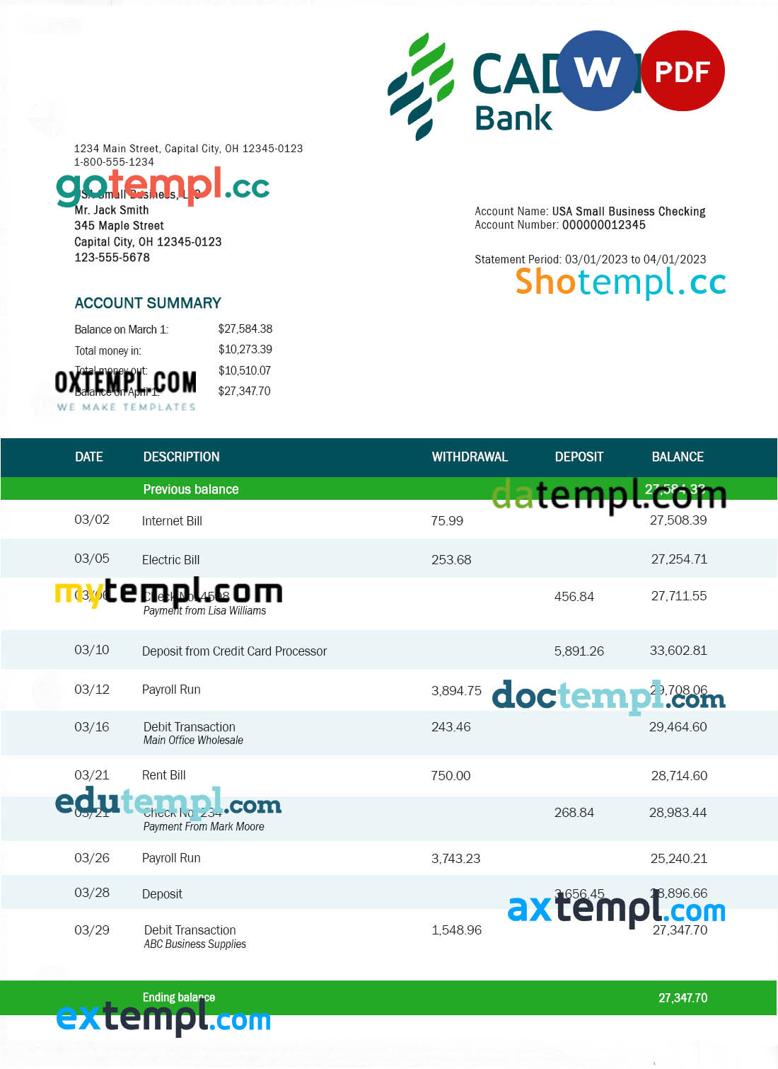 editable template, Cadence Bank corporate checking account statement Word and PDF template
