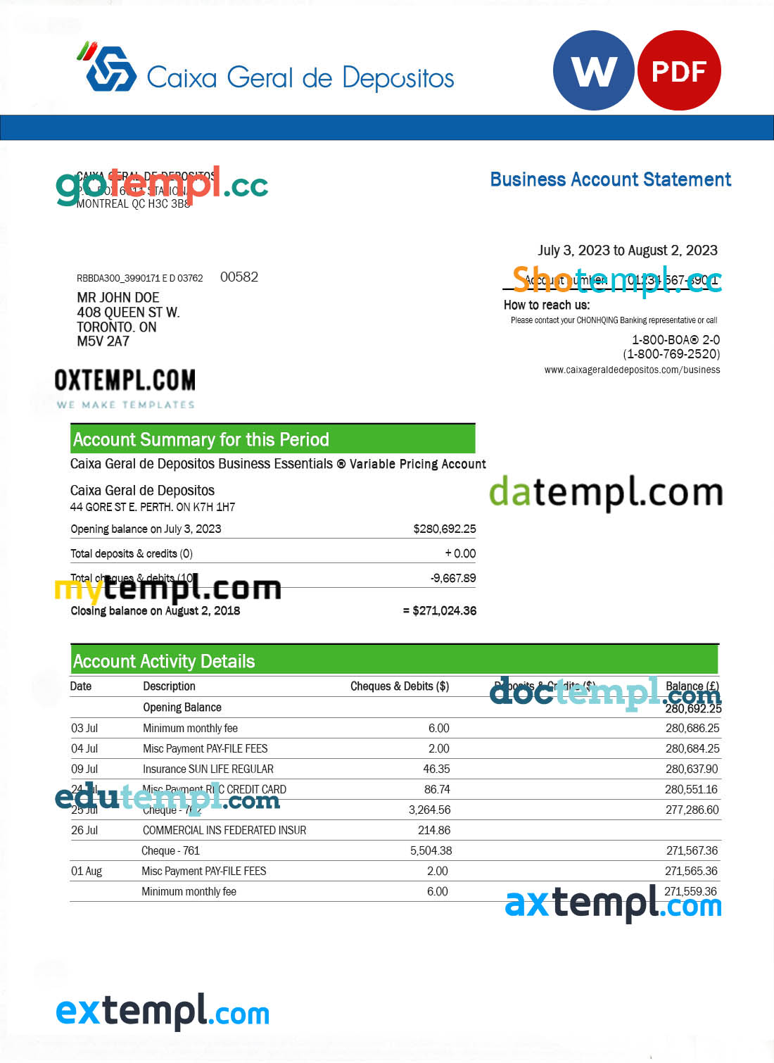 editable template, CAIXA Geral de Depósitos business bank statement Word and PDF template