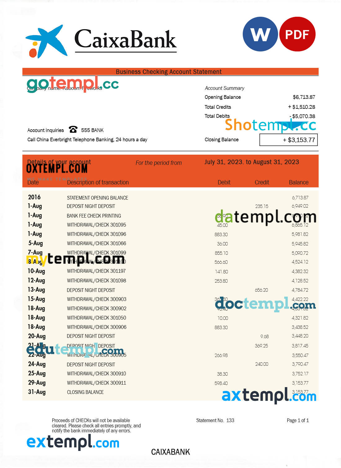 editable template, CAIXABANK company bank statement Word and PDF template