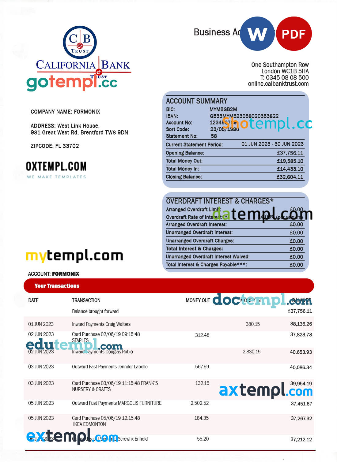 editable template, Djibouti Exim bank statement Excel and PDF template