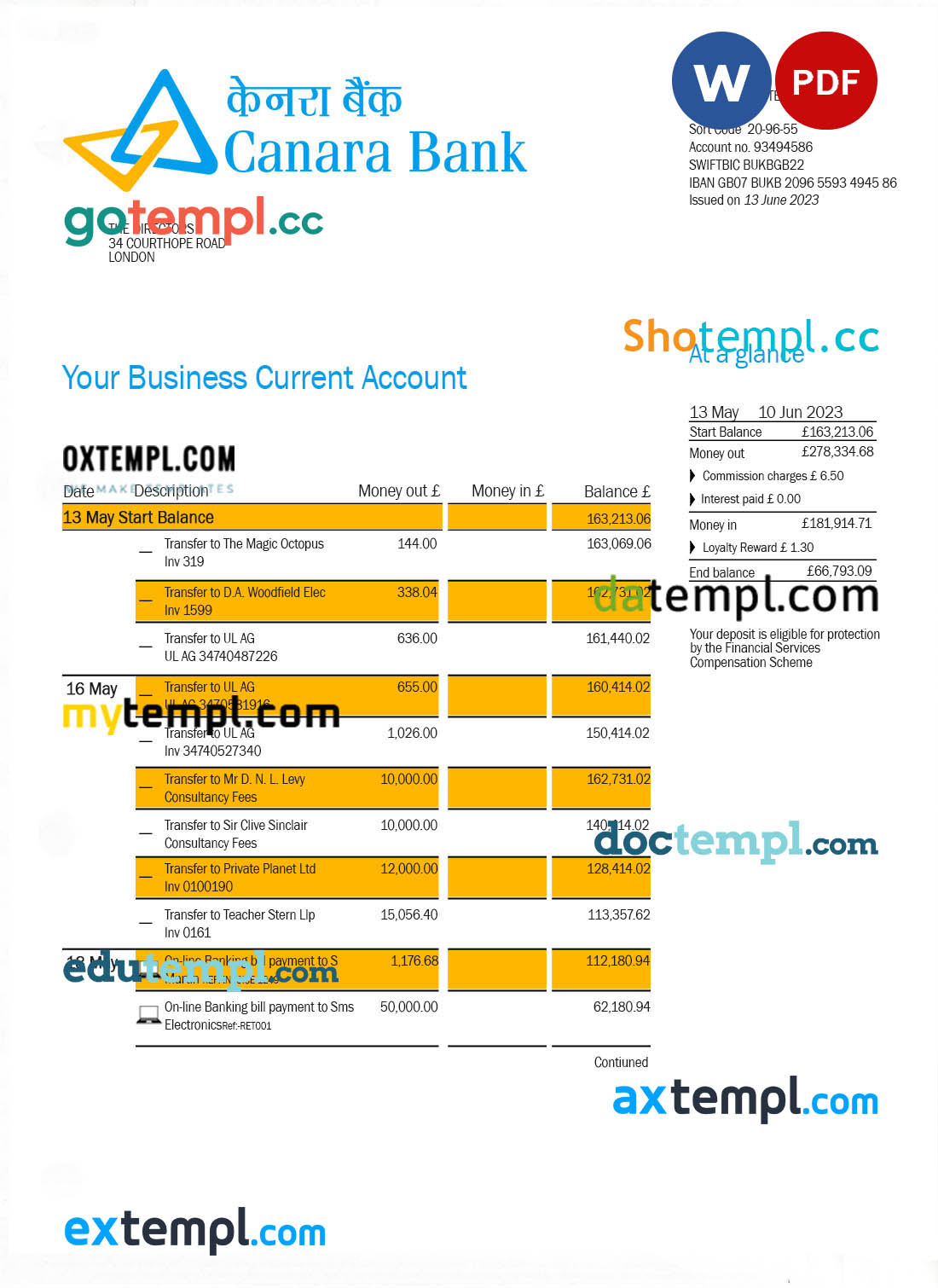 editable template, CANARA Bank corporate checking account statement Word and PDF template