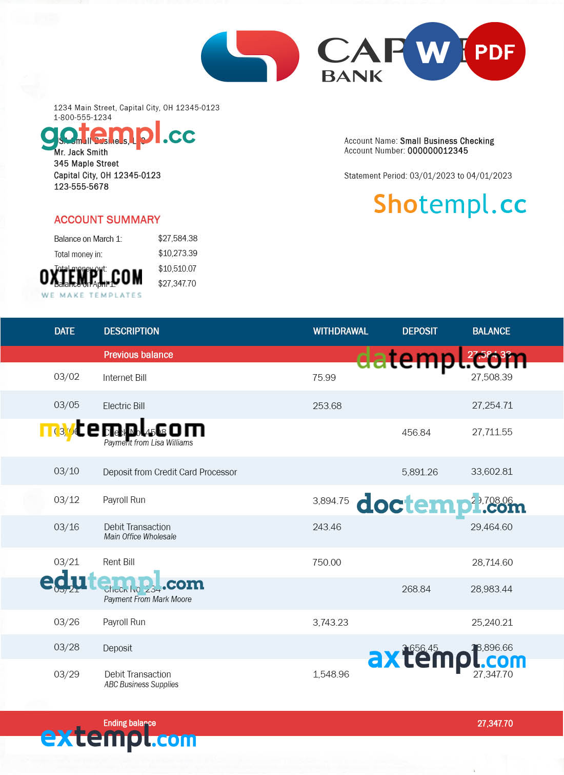 editable template, CAPITEC Bank firm account statement Word and PDF template