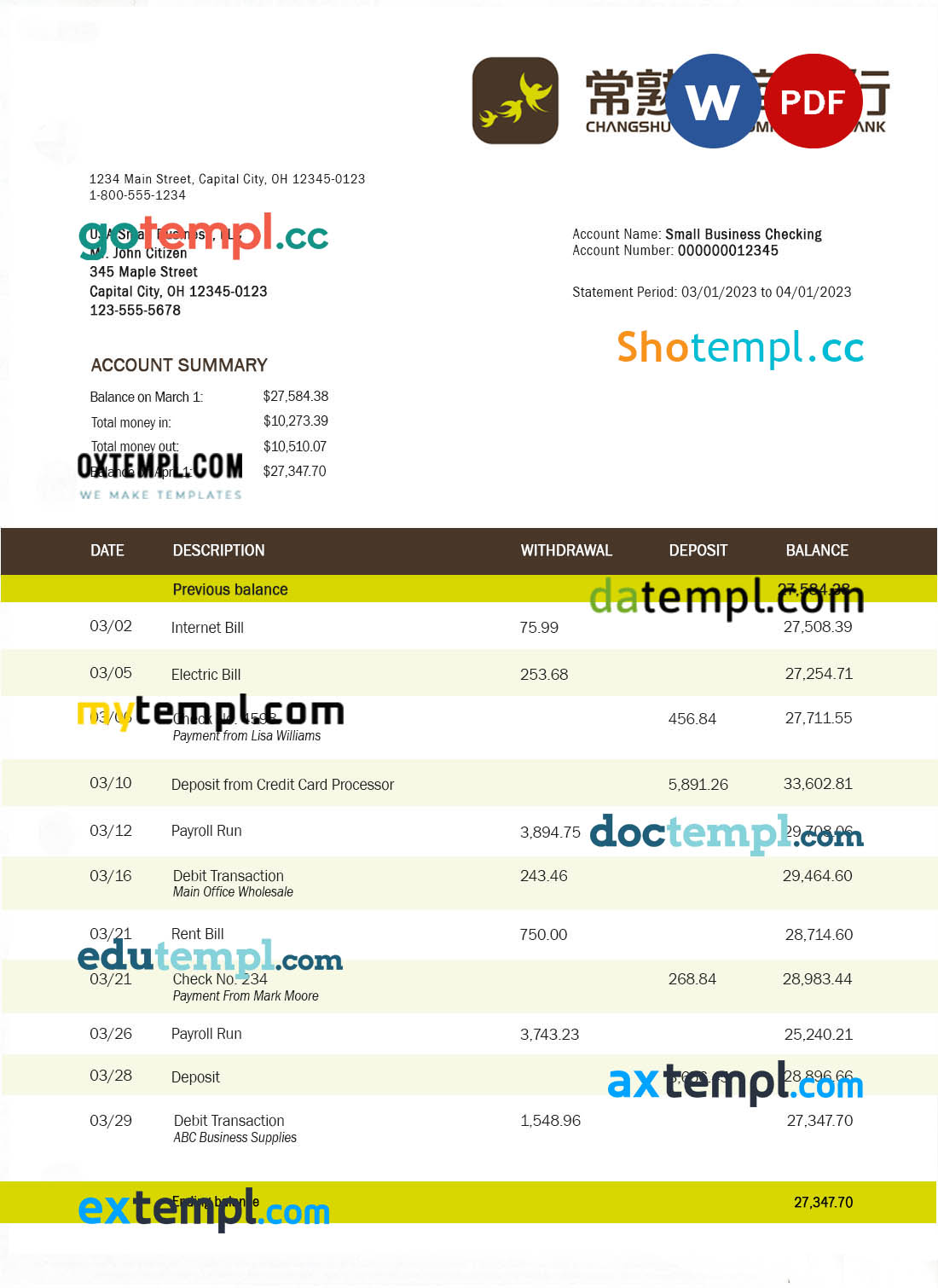 editable template, Changsu Rural Commercial Bank firm account statement Word and PDF template