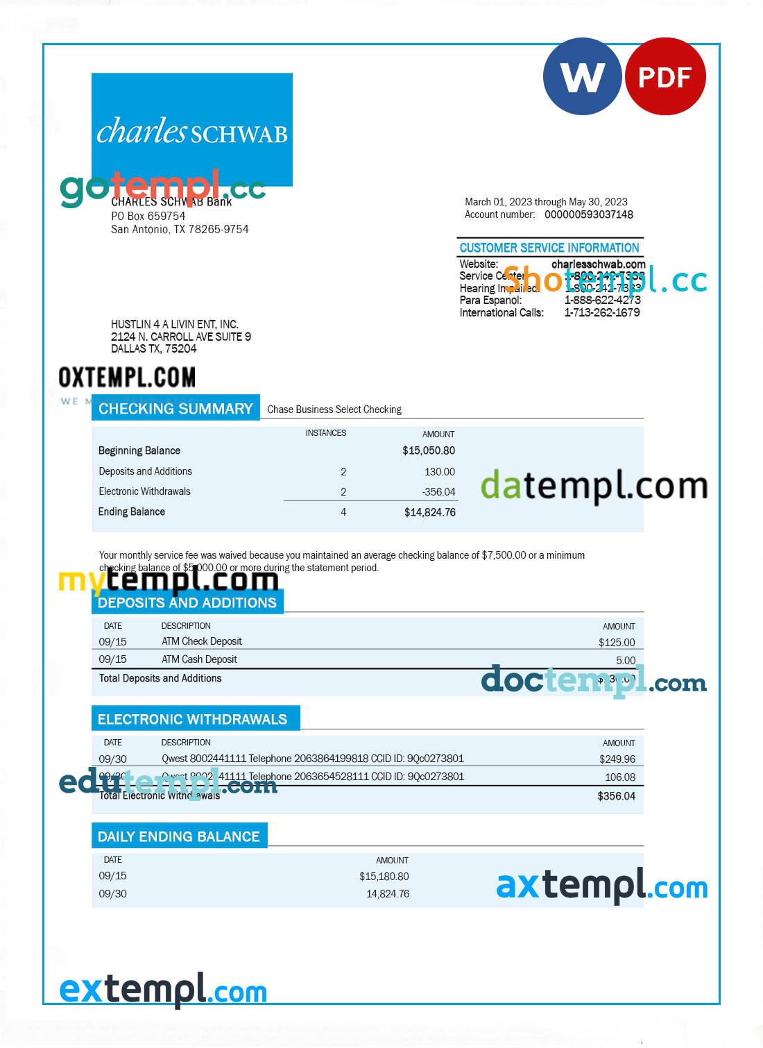 editable template, CHARLES SCHWAB Bank organization account statement Word and PDF template