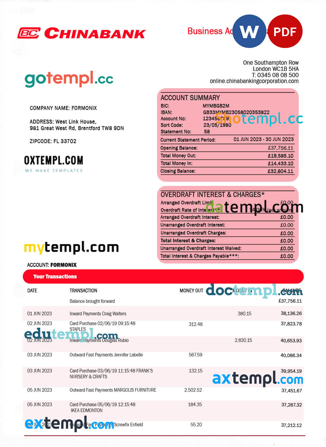 editable template, China Banking Corporation company account statement Word and PDF template
