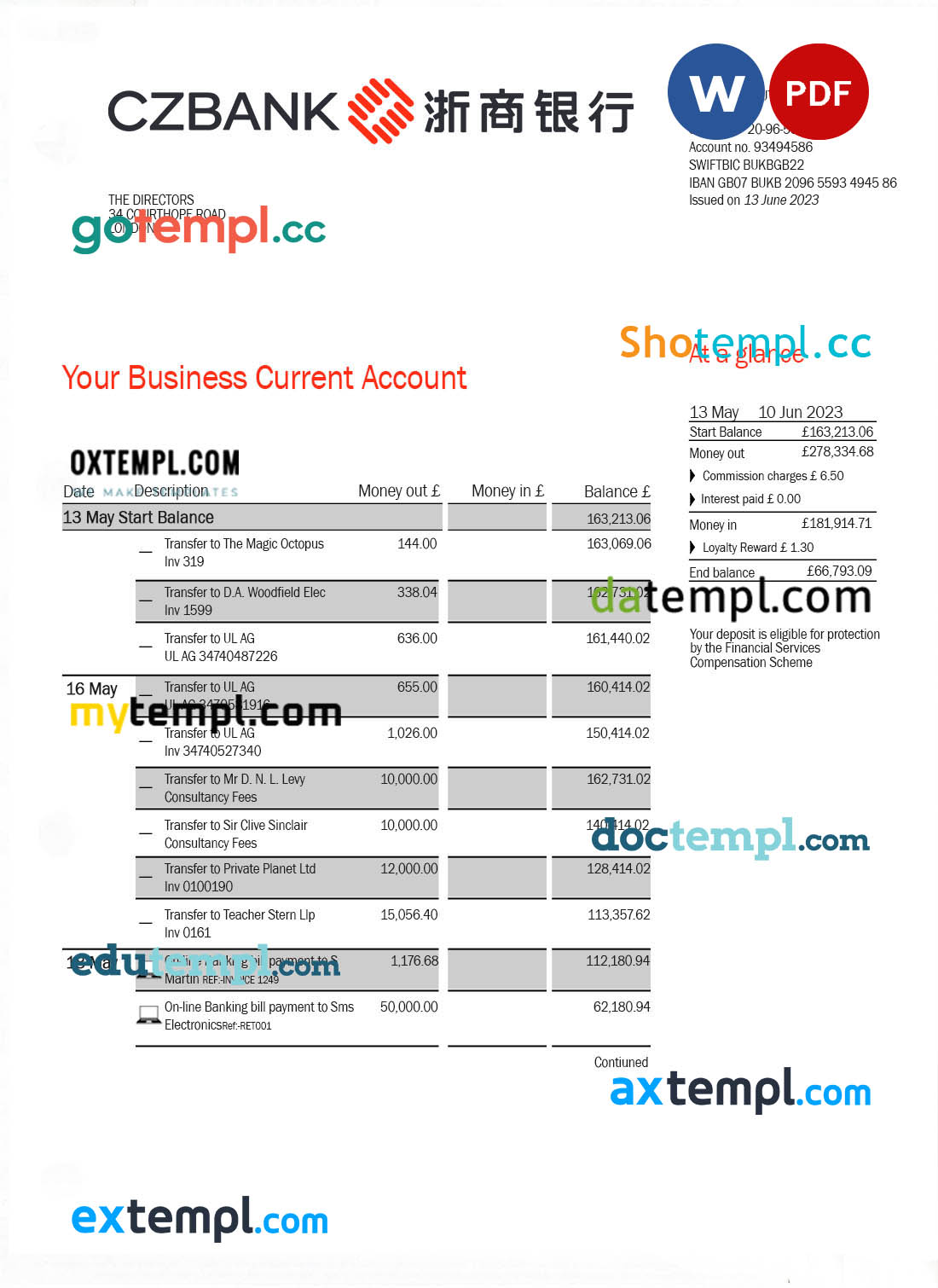 editable template, CHINA Zheshang Bank business bank statement Word and PDF template