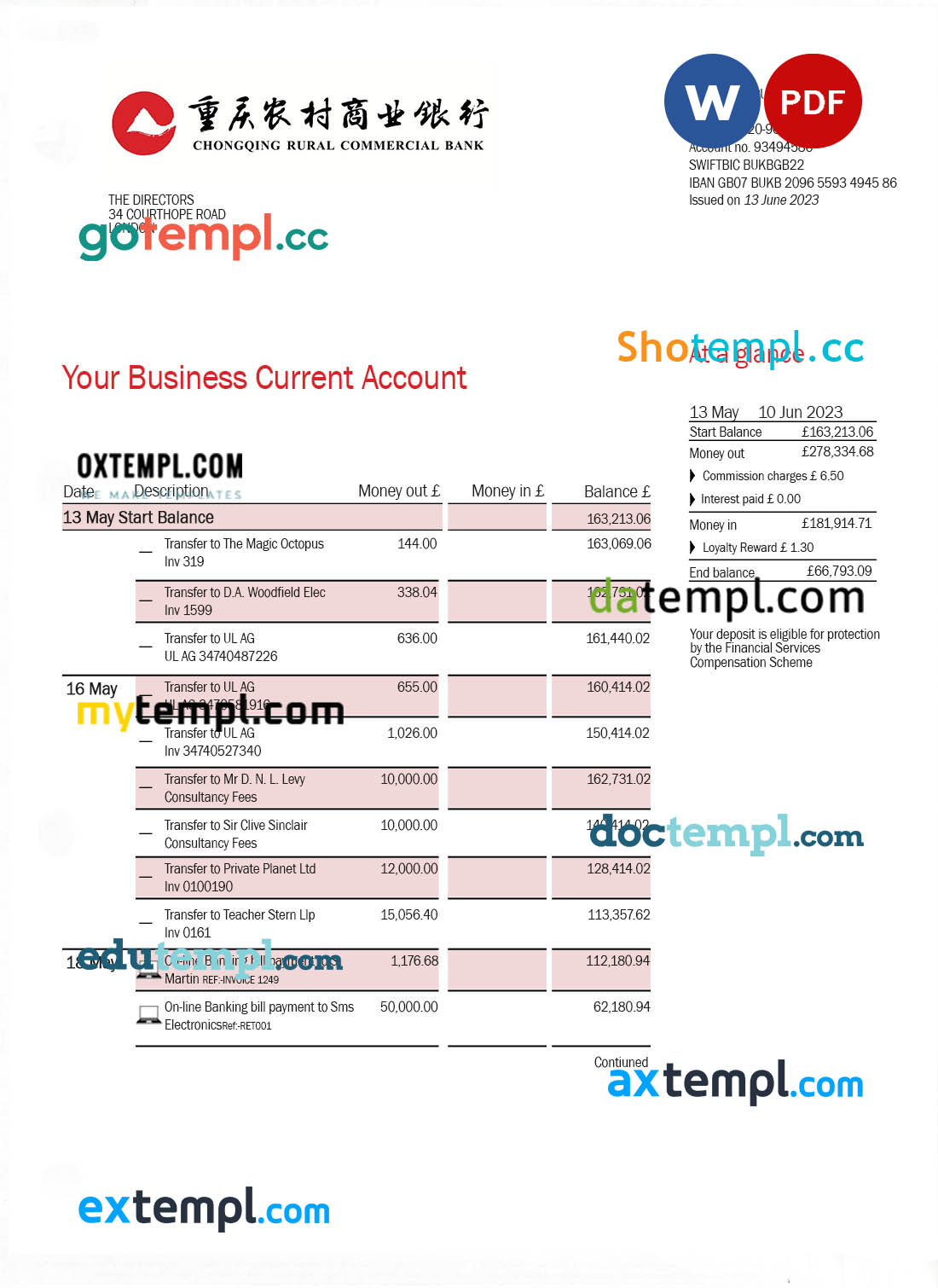 editable template, CHONGQING Rural Commercial Bank firm account statement Word and PDF template