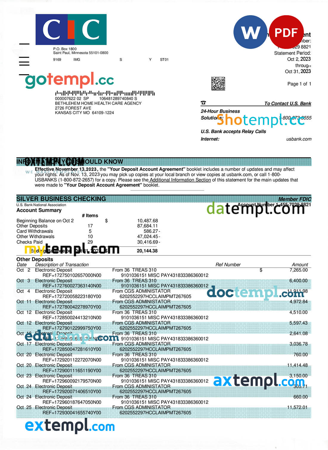 editable template, CIC Bank enterprise statement Word and PDF template