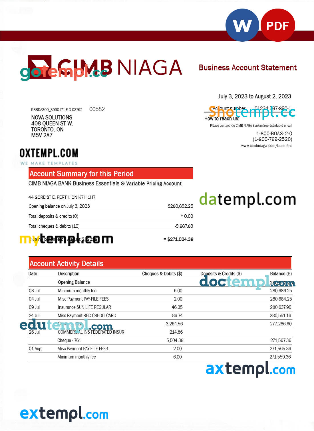 editable template, Cimb Niaga Bank business checking account statement Word and PDF template