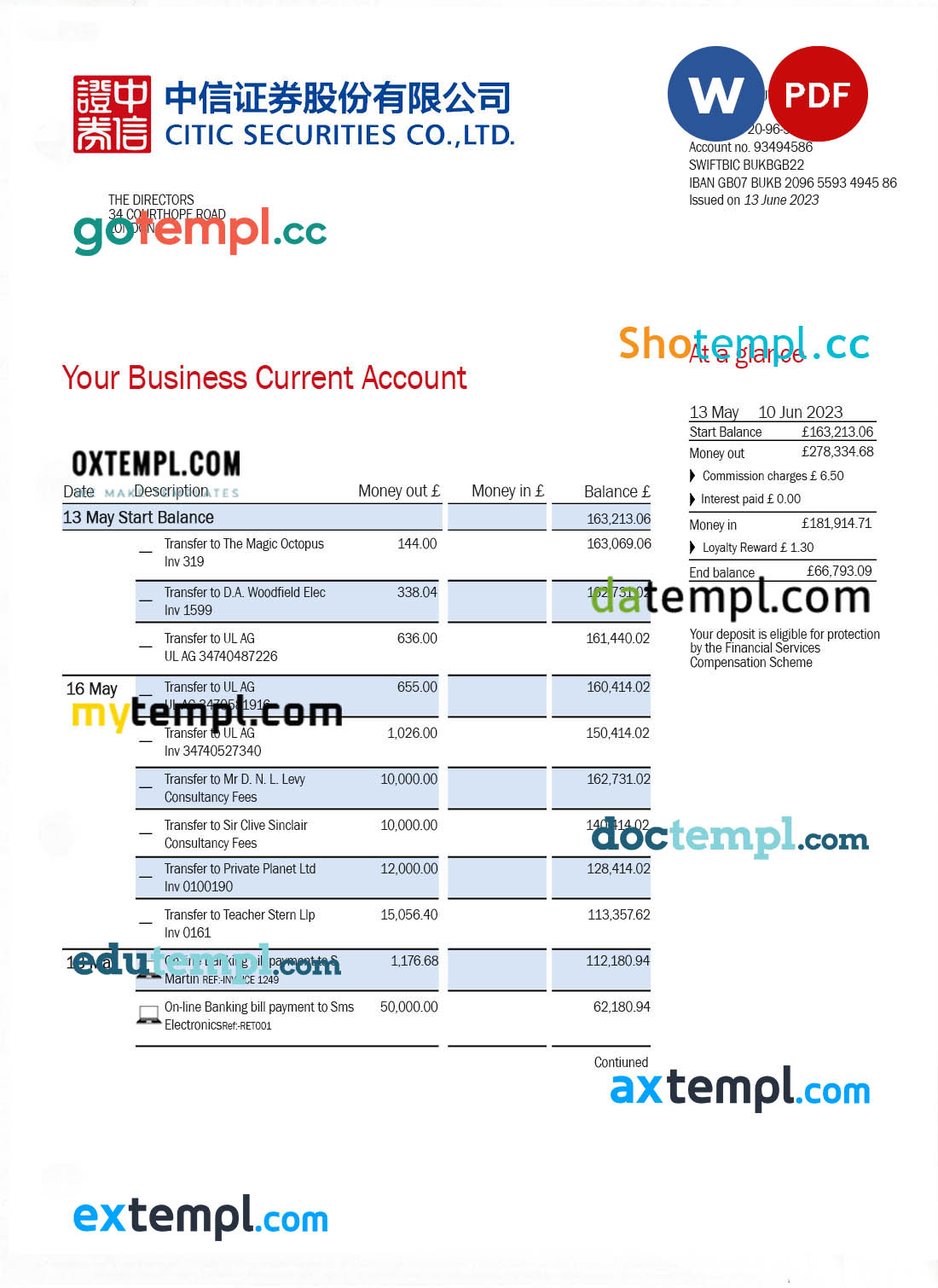 editable template, CITIC Securities bank firm account statement Word and PDF template