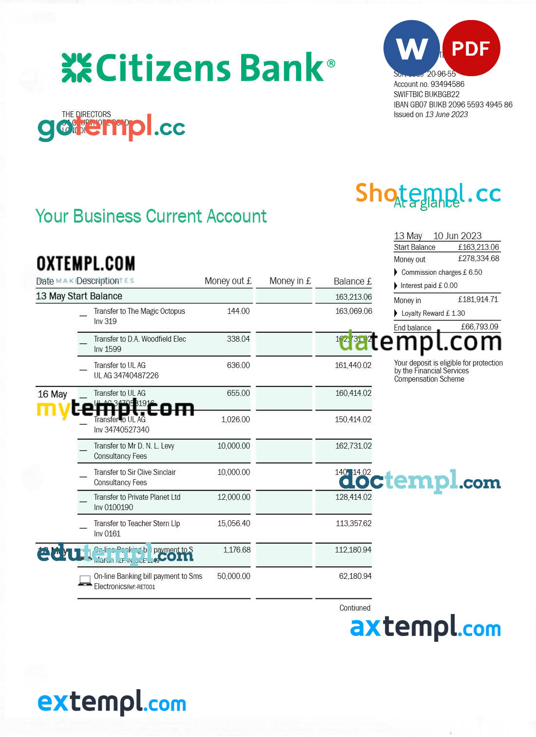 editable template, CITIZENS Bank firm statement Word and PDF template