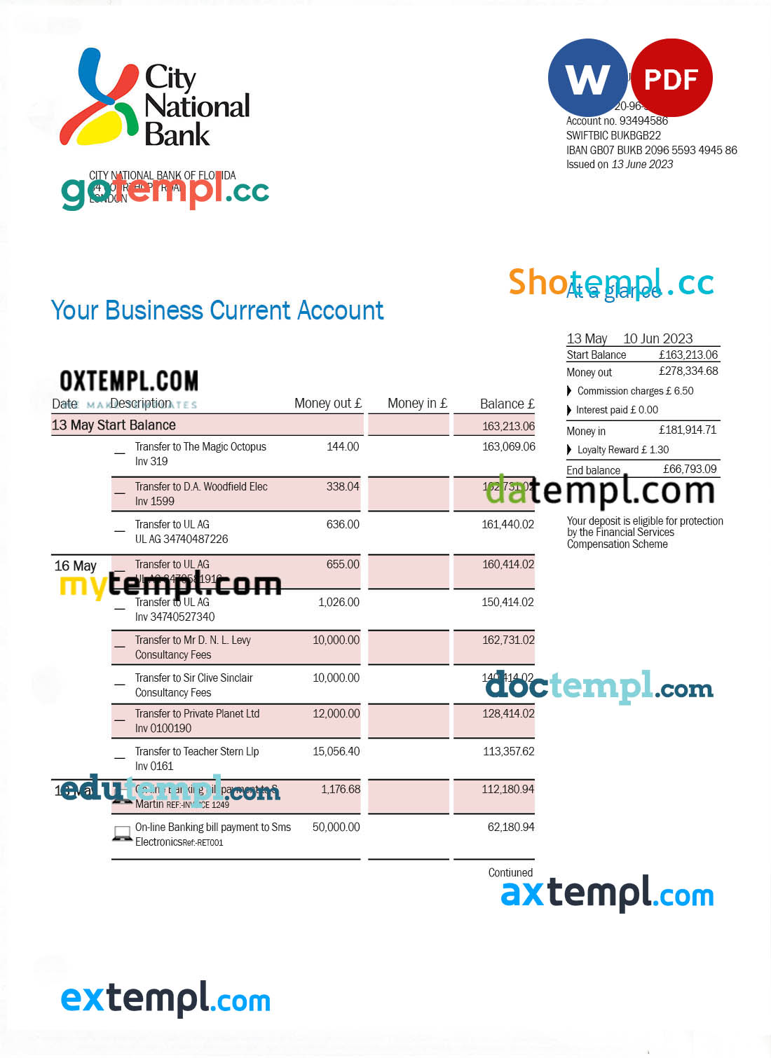 editable template, City National Bank of Florida firm account statement Word and PDF template