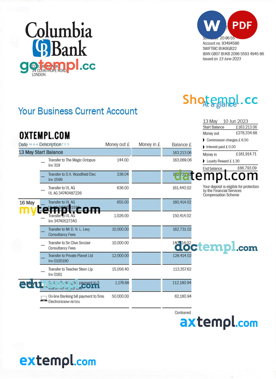 editable template, Columbia Bank enterprise account statement Word and PDF template