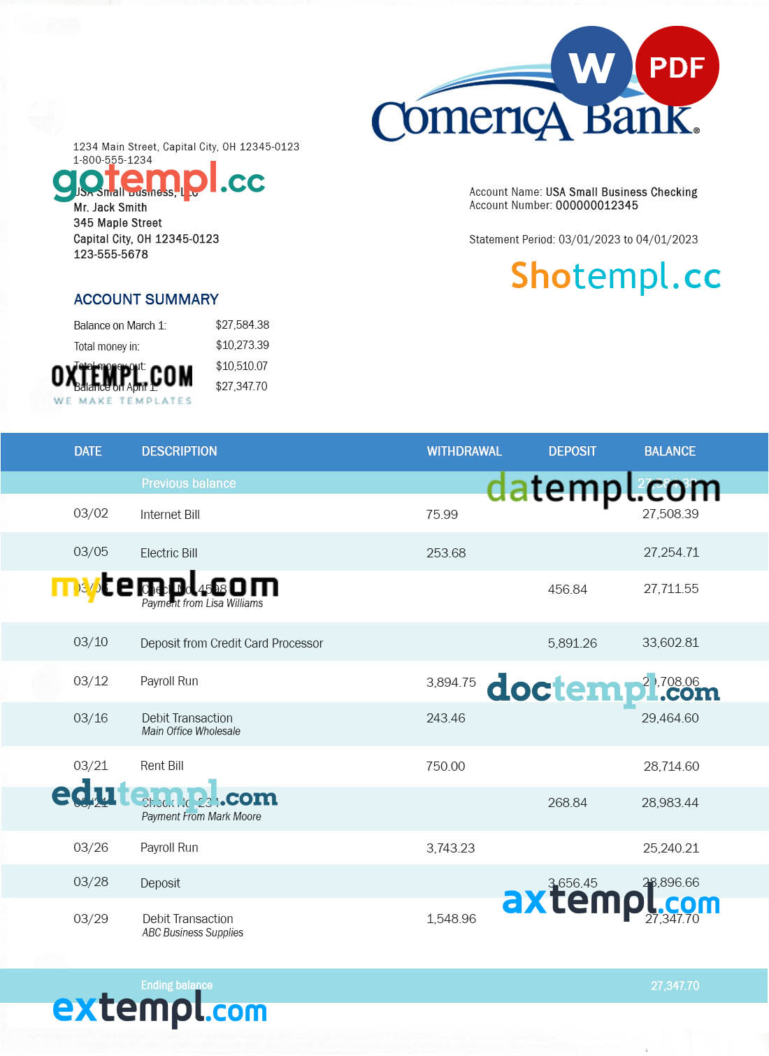 editable template, COMERICA Bank business statement Word and PDF template