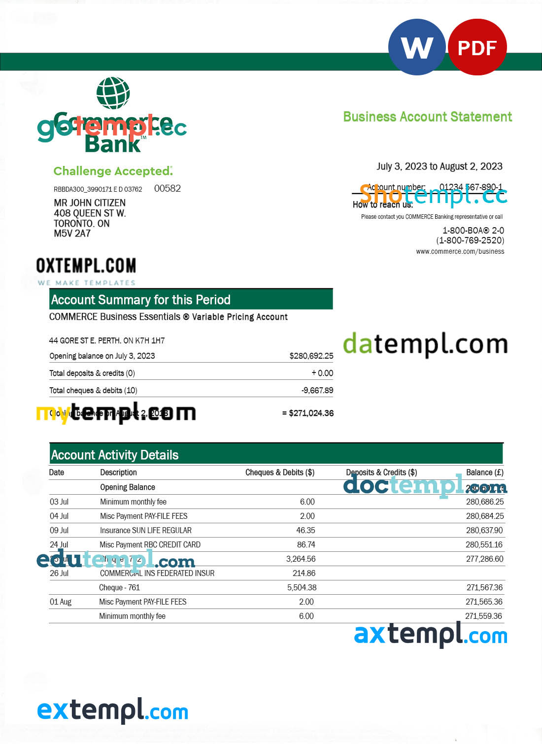 editable template, Commerce Bank firm account statement Word and PDF template