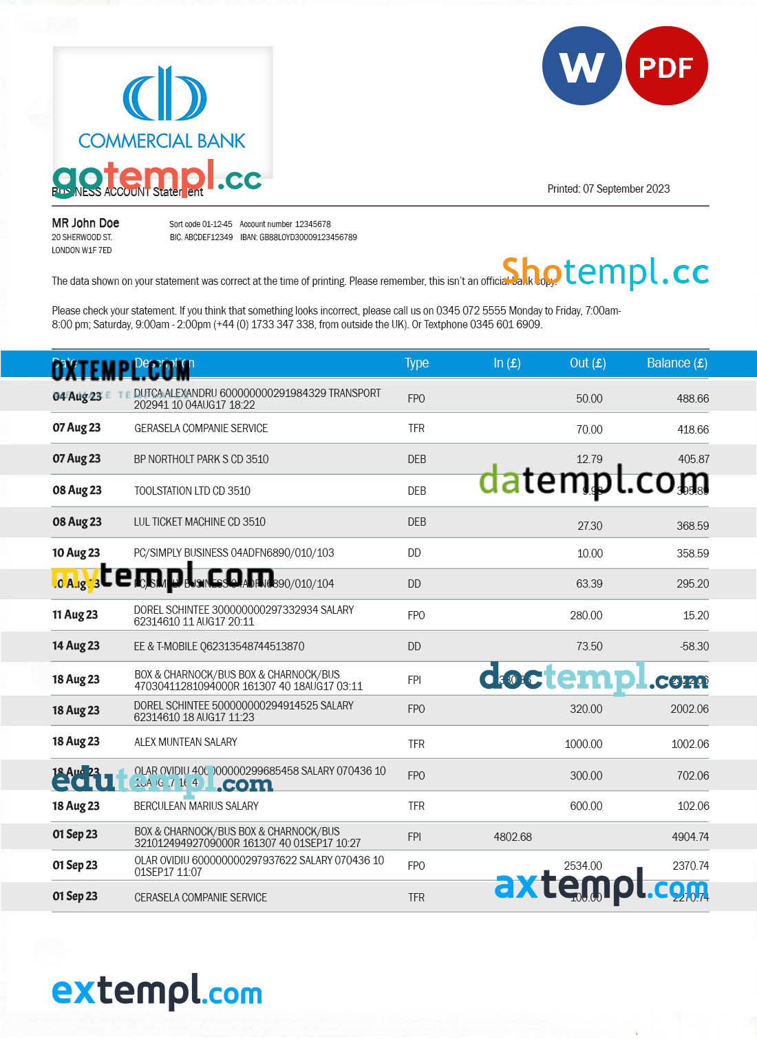 editable template, COMMERCIAL Bank firm statement Word and PDF template