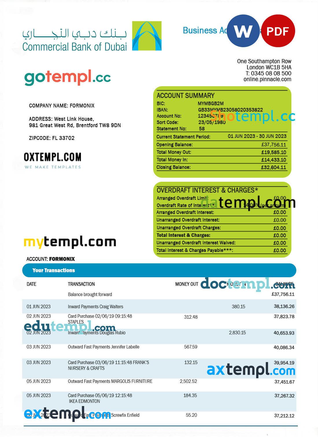 editable template, Commercial Bank of Dubai company checking account statement Word and PDF template