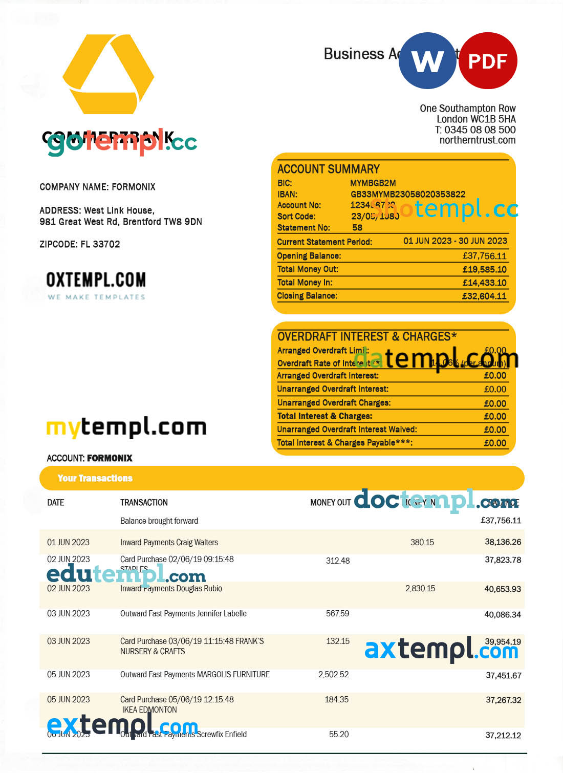 editable template, Commerzbank company checking account statement Word and PDF template