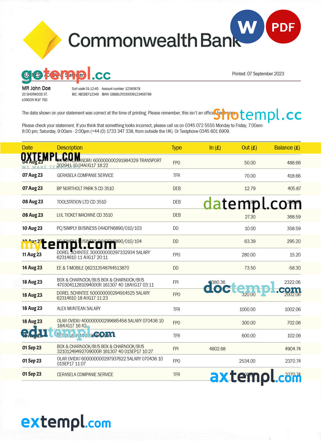 editable template, COMMONWEALTH Bank enterprise account statement Word and PDF template