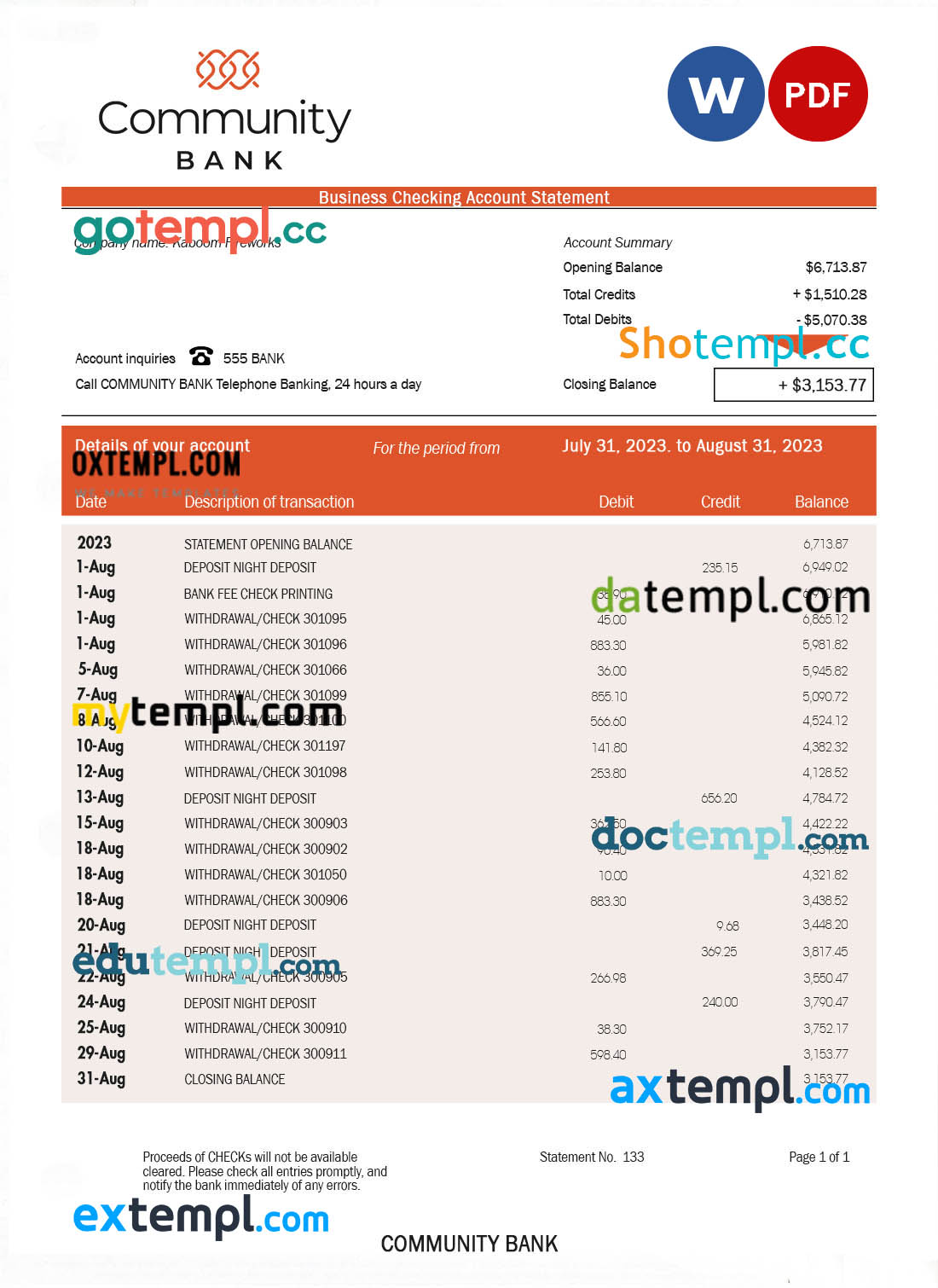 editable template, Community Bank Business statement Word and PDF template