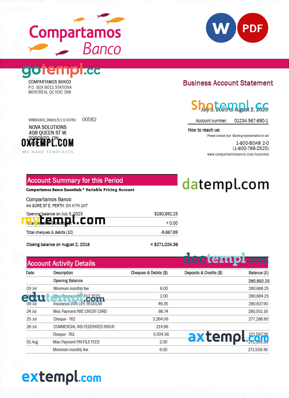 editable template, Compartamos Banco organization account statement Word and PDF template