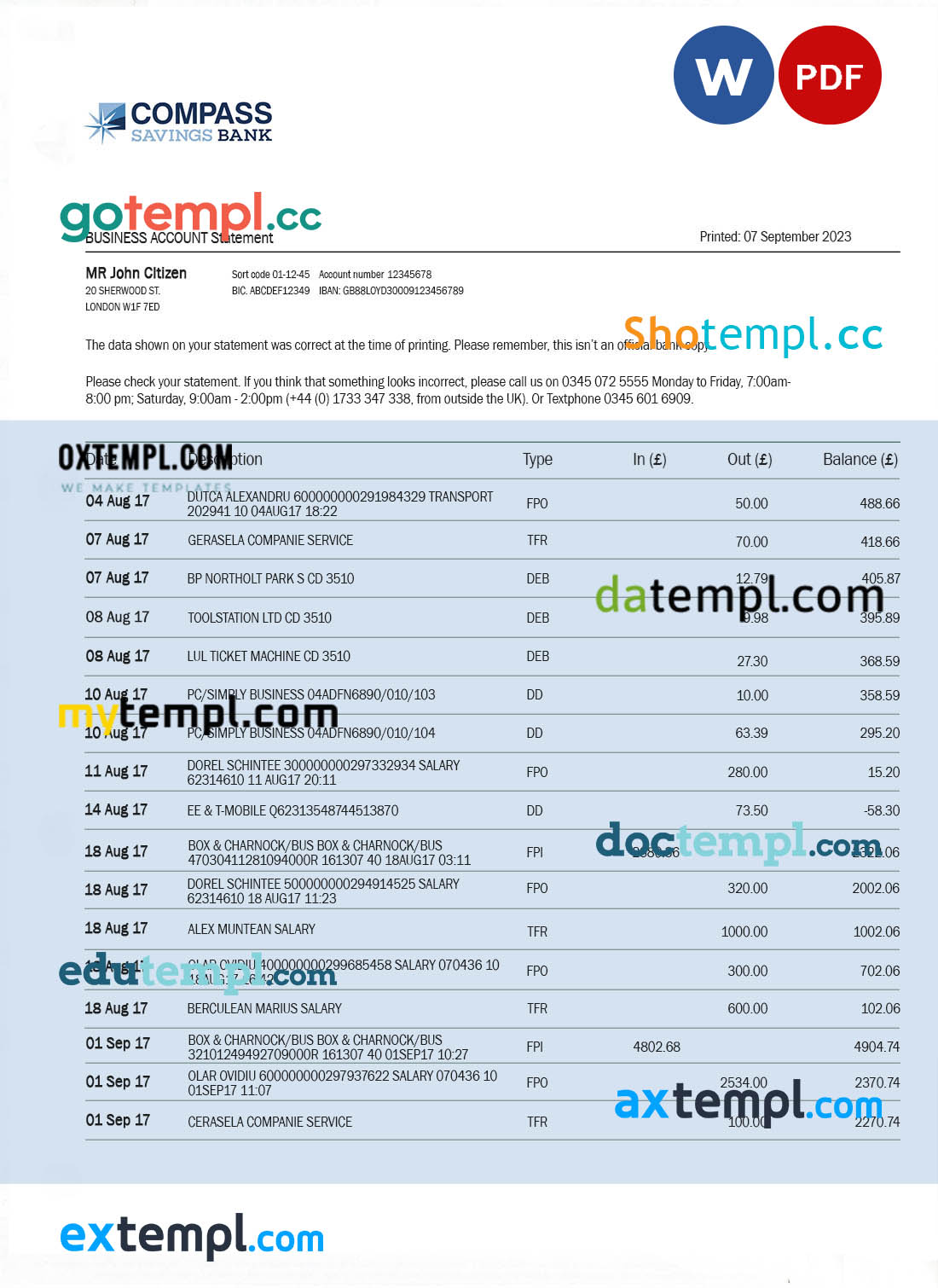 editable template, Compass Bank enterprise account statement Word and PDF template