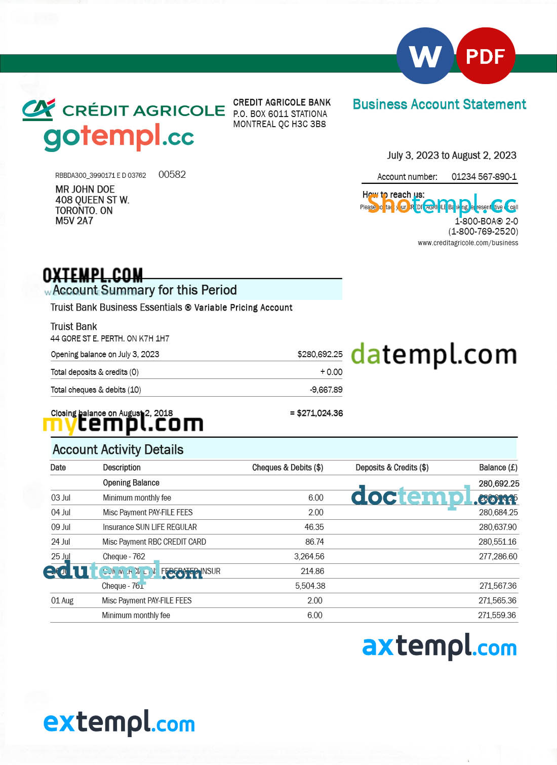 editable template, CREDIT Agricole Bank enterprise checking account statement Word and PDF template
