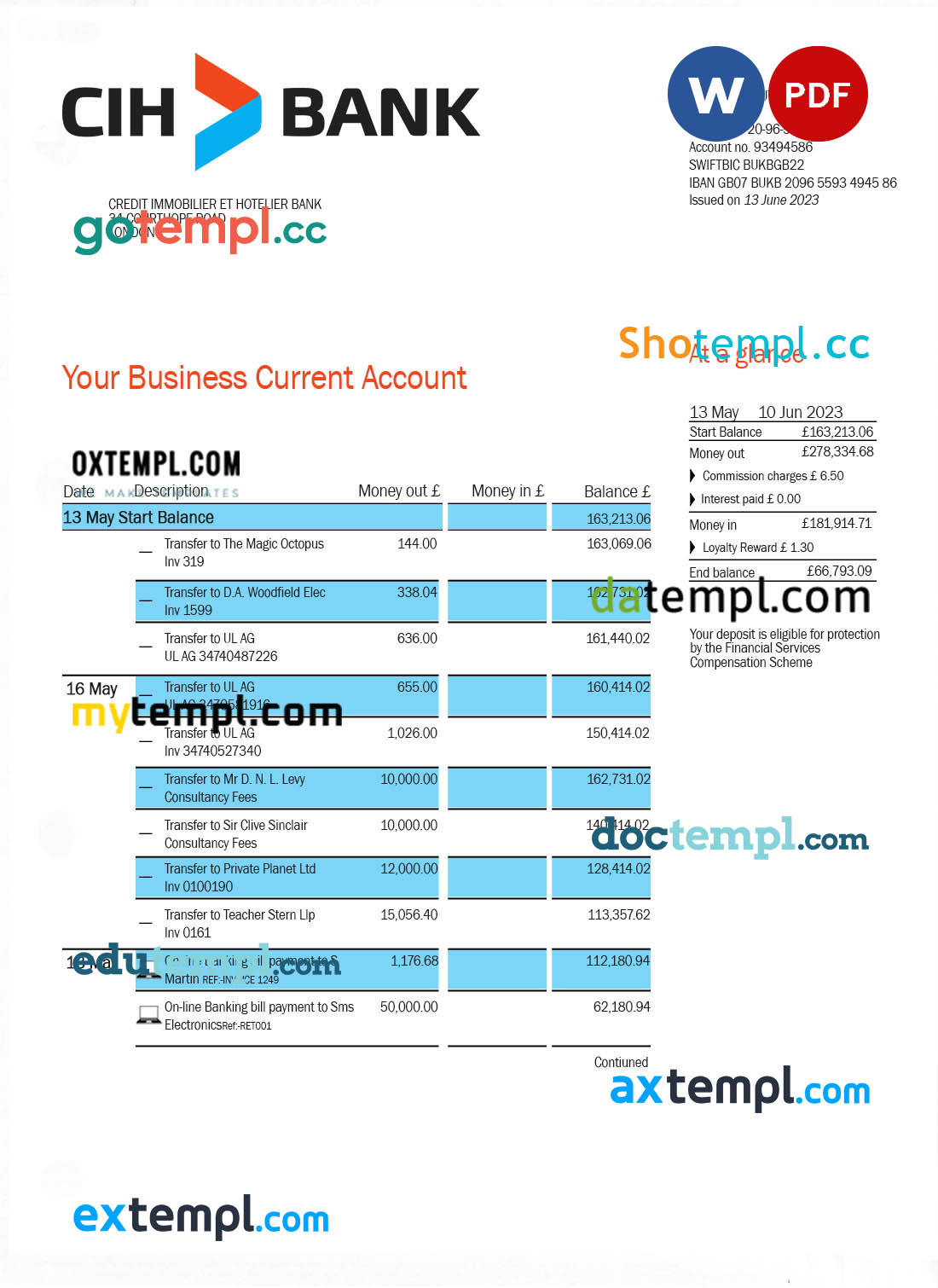editable template, Credit Immobilier Et Hotelier enterprise account statement Word and PDF template
