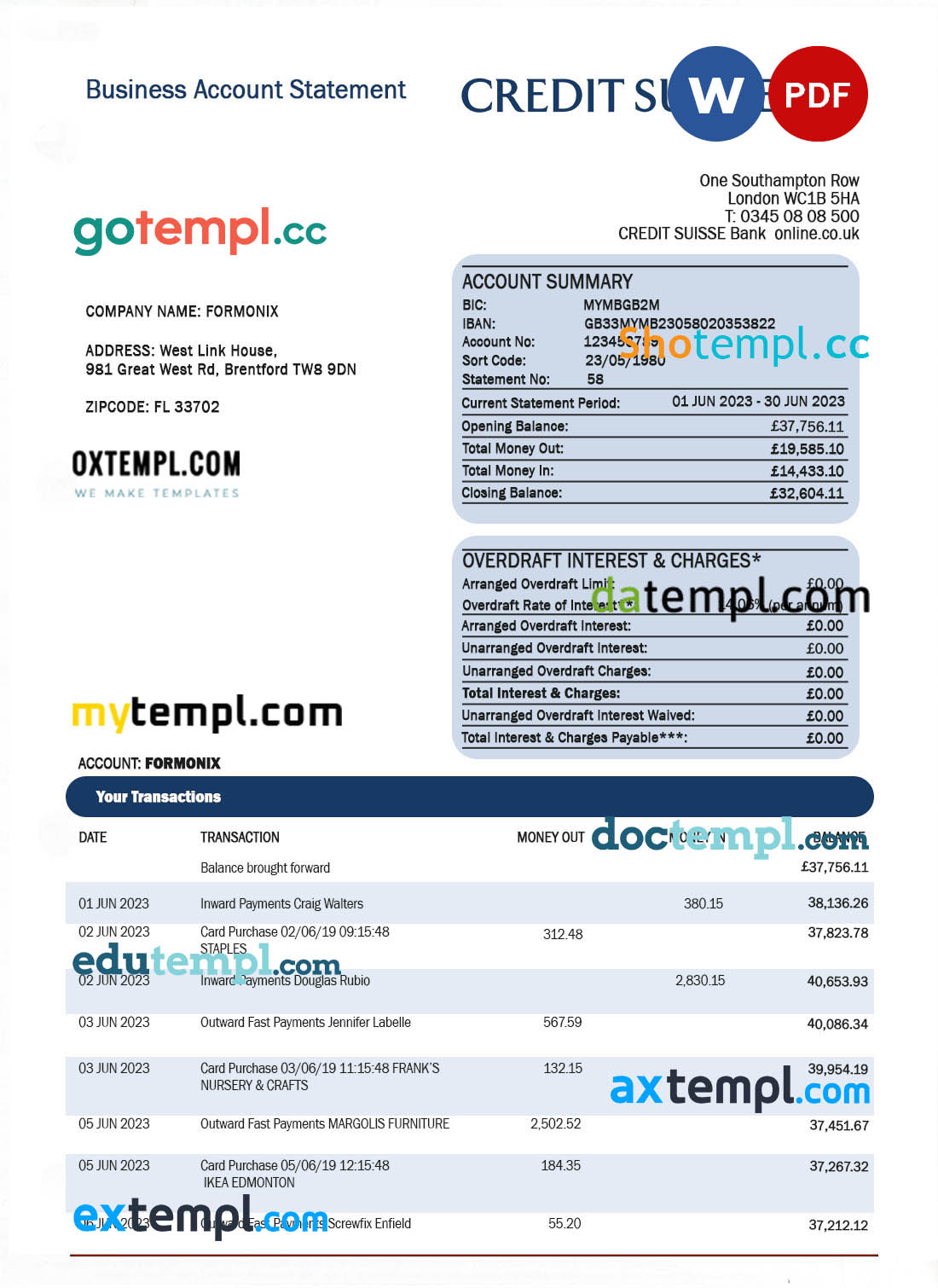 editable template, Credit Suisse bank corporate account statement Word and PDF template