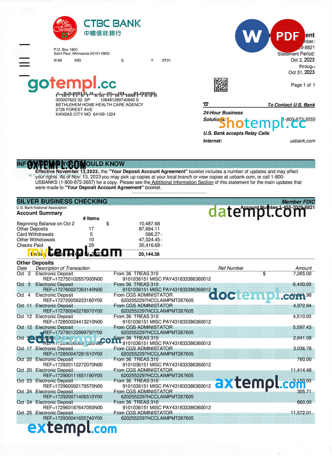editable template, CTBC Bank company statement Word and PDF template