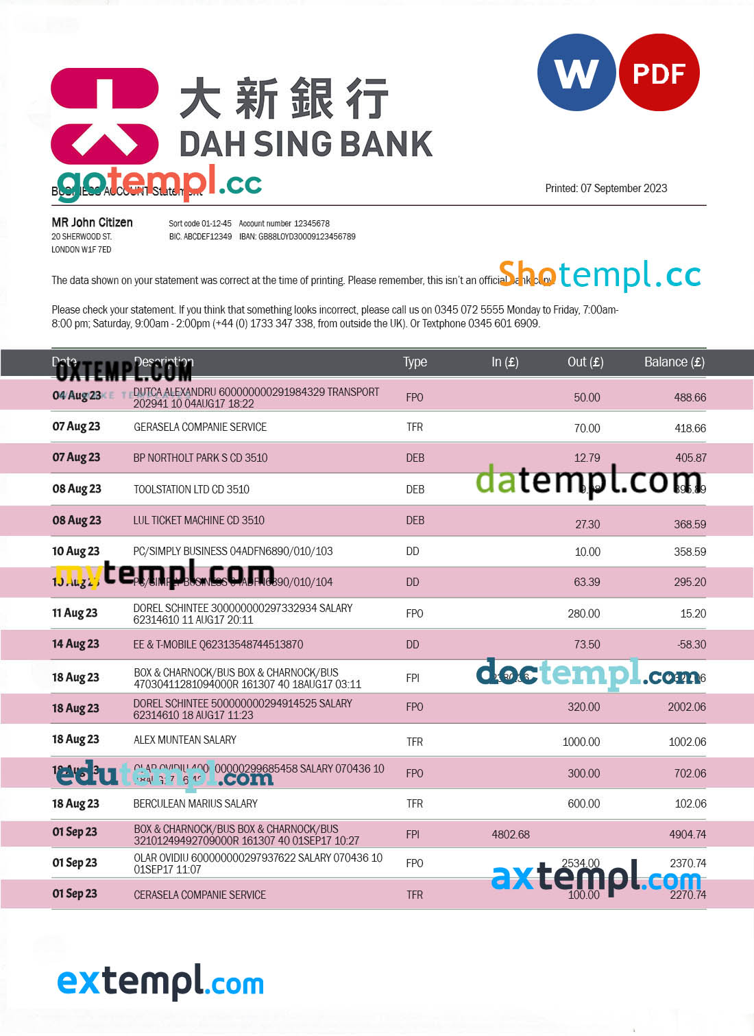 editable template, Dah Sing Bank company checking account statement Word and PDF template