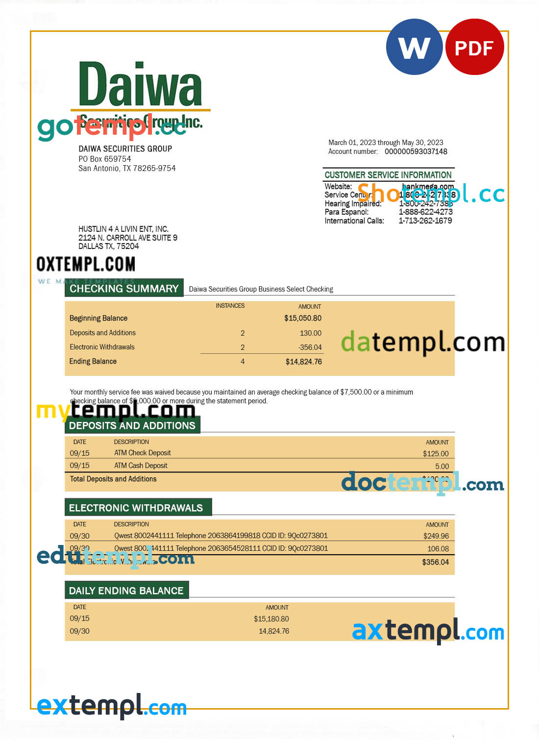 editable template, DAIWA Securities Group business bank statement Word and PDF template
