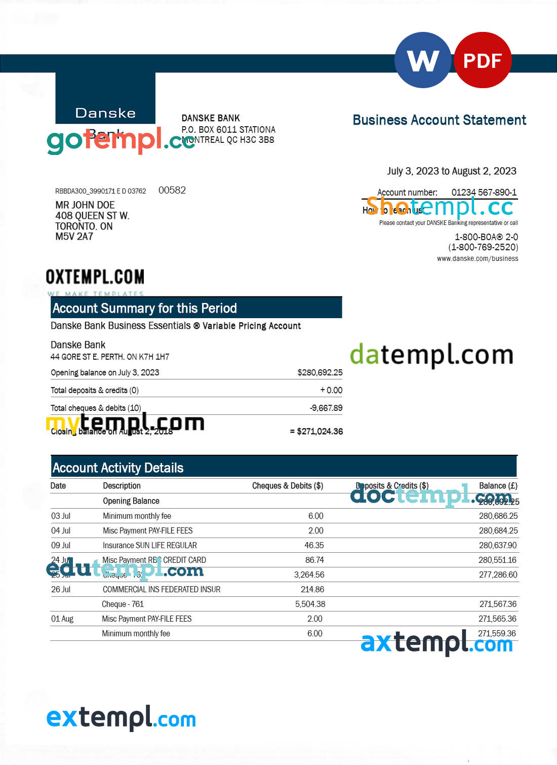 editable template, DANSKE Bank enterprise statement Word and PDF template