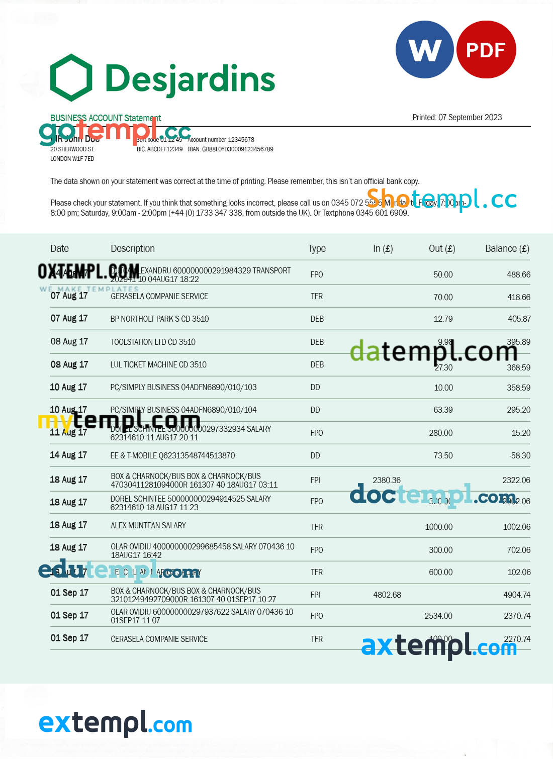editable template, DESJARDINS Bank corporate checking account statement Word and PDF template