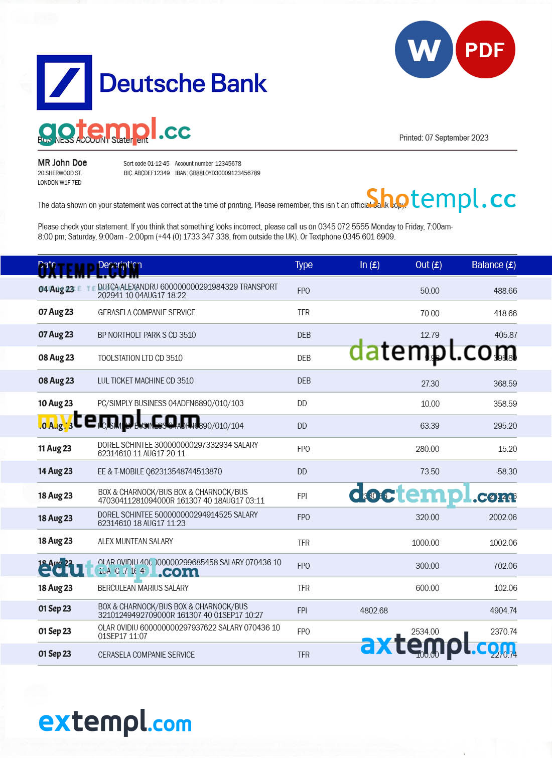 editable template, DEUTSCHE Bank corporate statement Word and PDF template