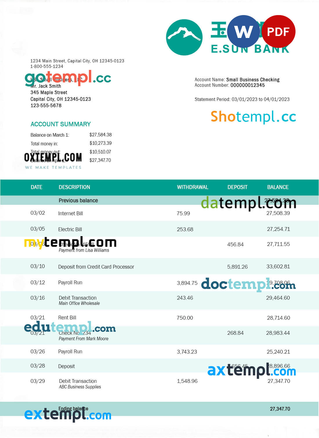 editable template, E.SUN Commercial Bank business statement Word and PDF template