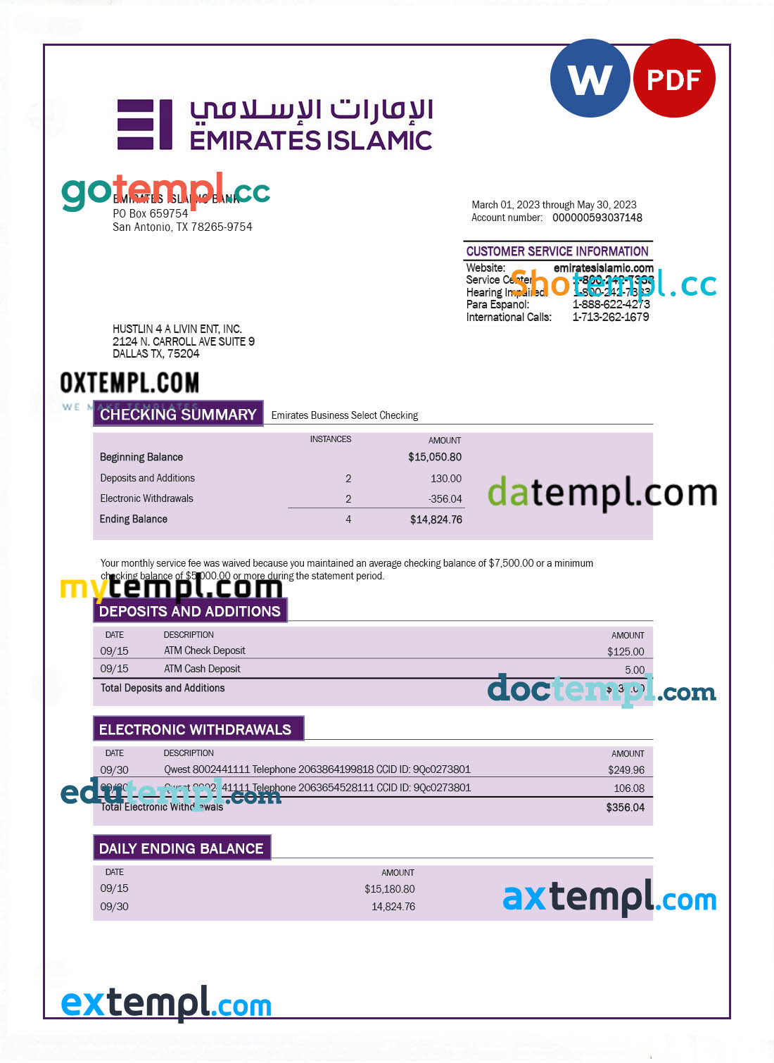 editable template, Emirates Islamic Bank firm account statement Word and PDF template