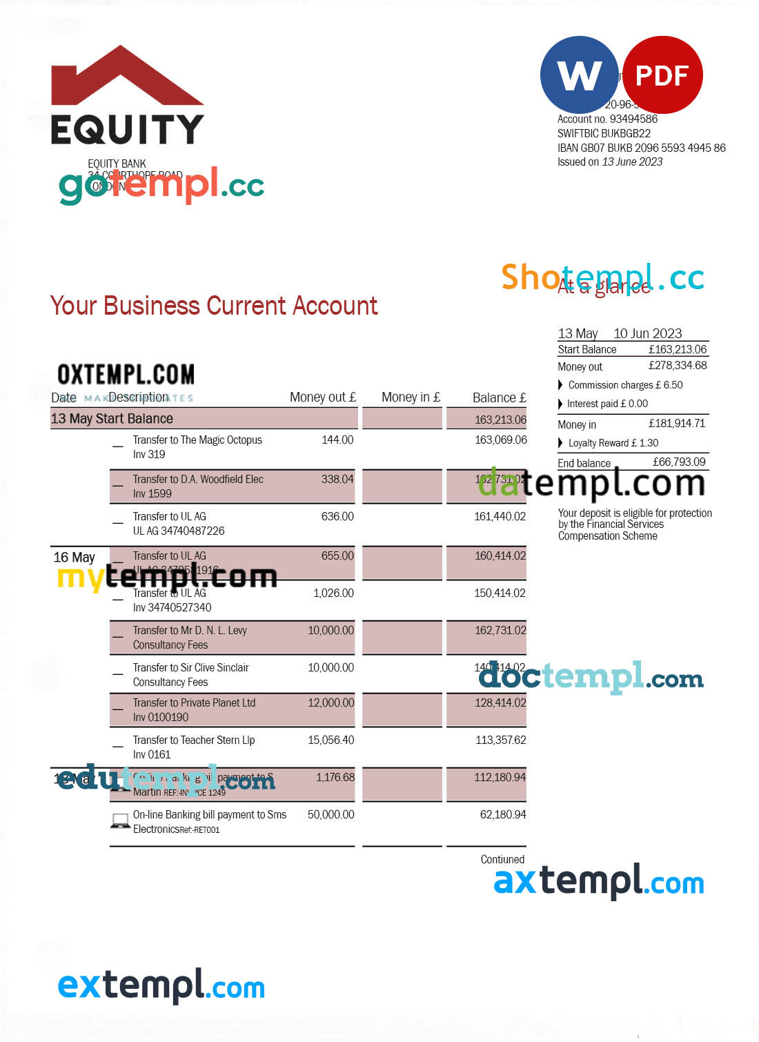 editable template, Equity Bank firm account statement Word and PDF template