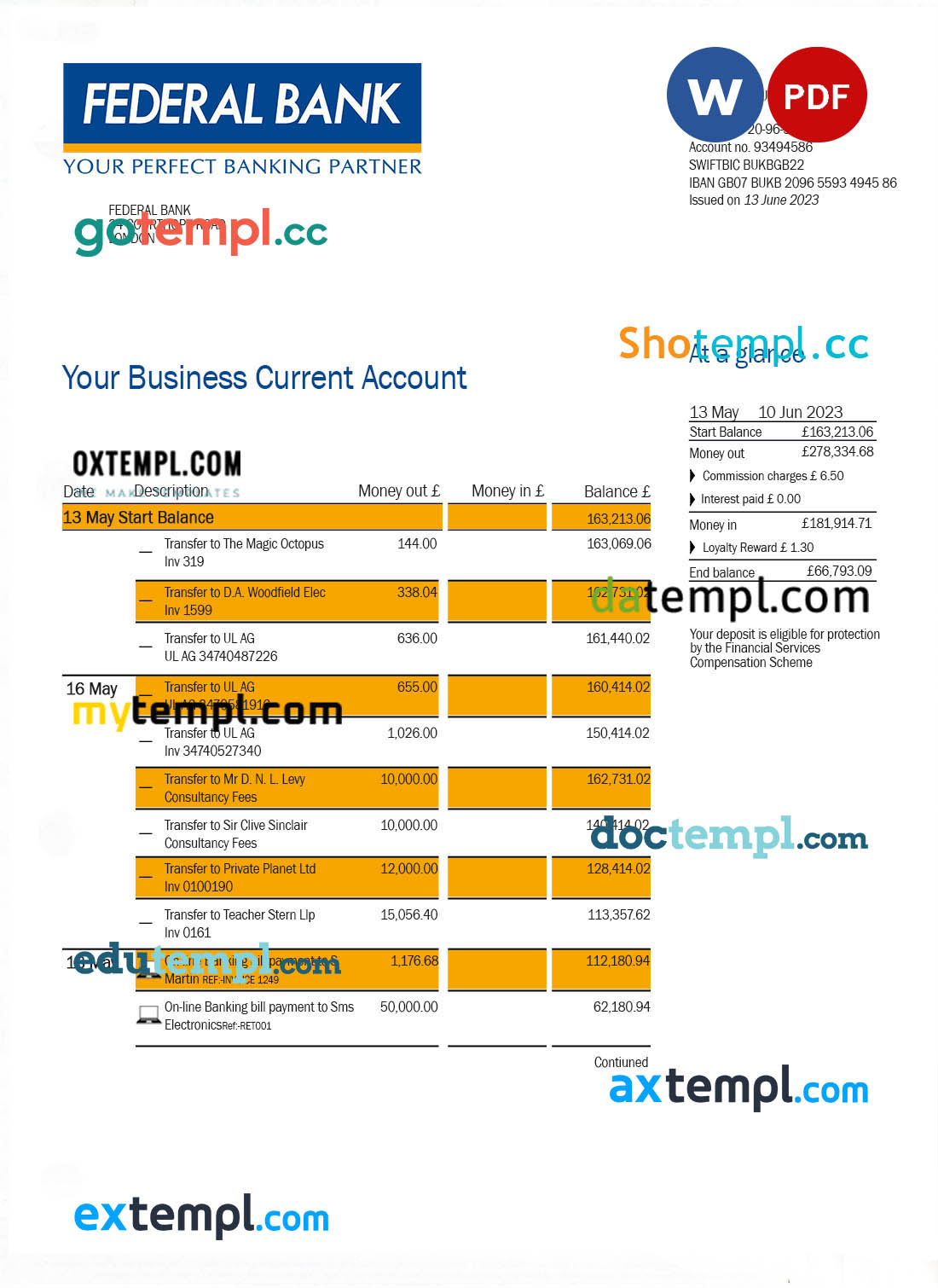 editable template, Federal Bank company account statement Word and PDF template