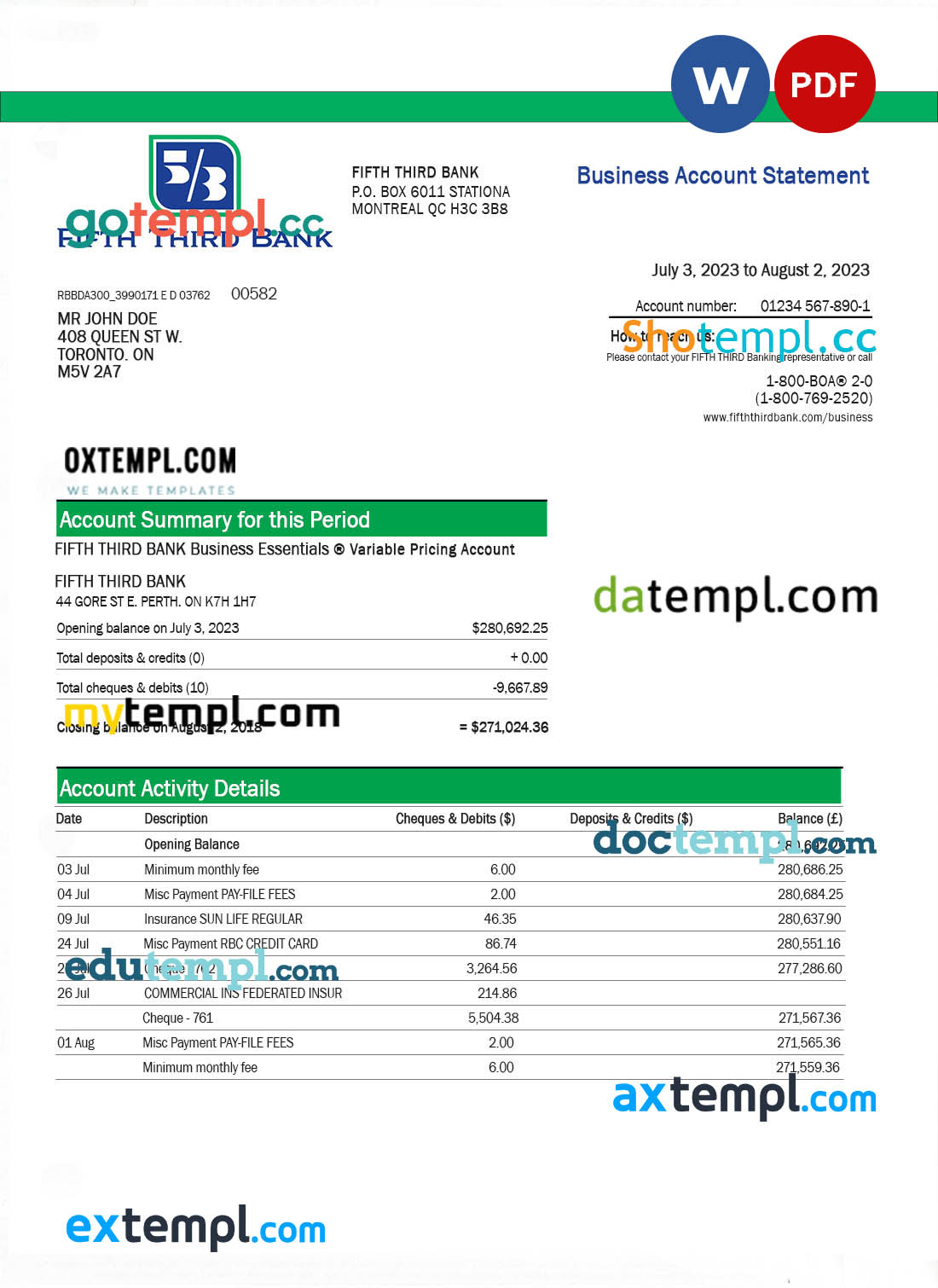editable template, FIFTH Third Bank business bank statement Word and PDF template