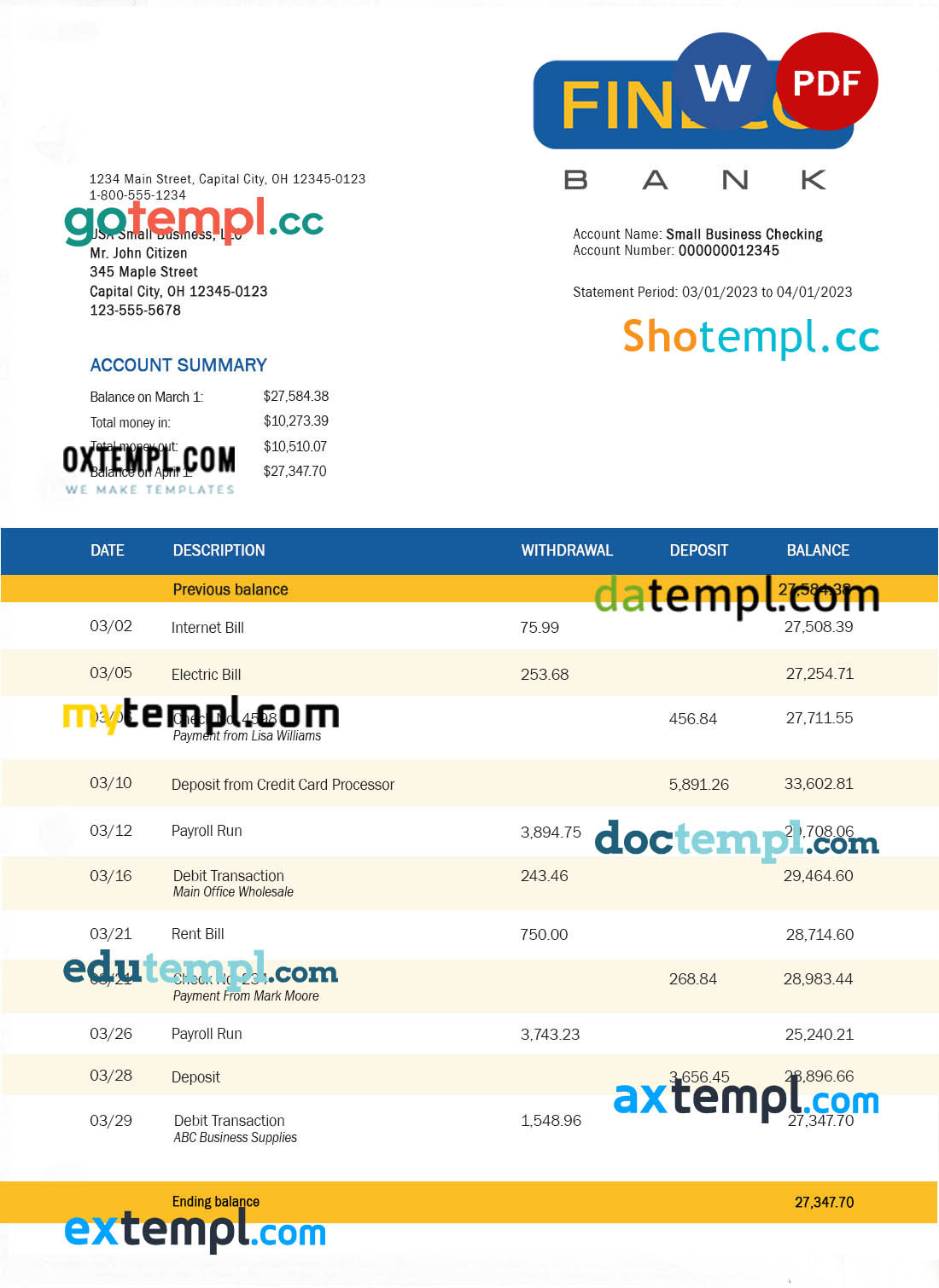 editable template, Finecobank company account statement Word and PDF template
